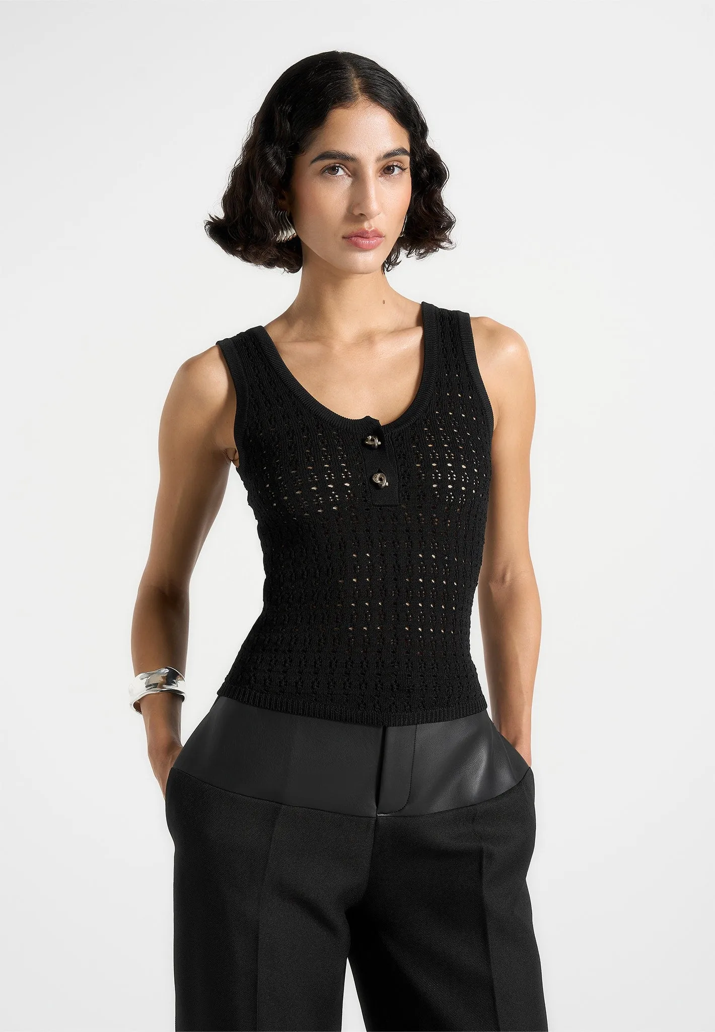 Nora - Pointelle Knitted Vest with Knot Button - Black anti static coating Low Profile Collar