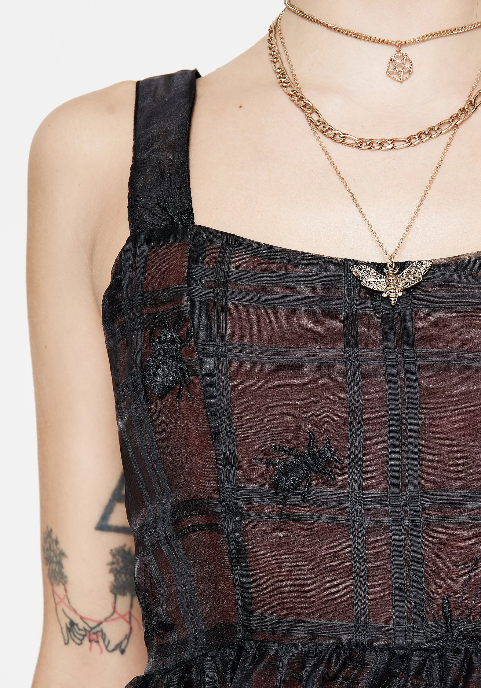 Classic Touch Sedona Organza Check Embroidered Mini Dress