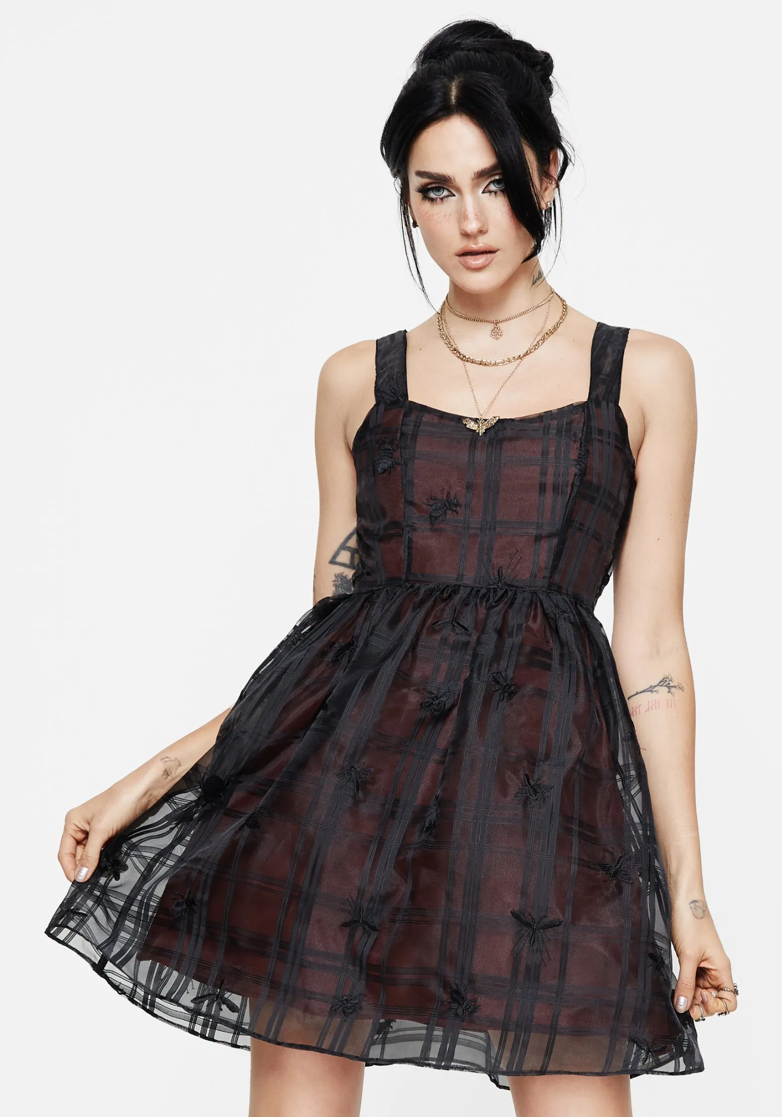 Romantic-Detail Minimal Design Sedona Organza Check Embroidered Mini Dress