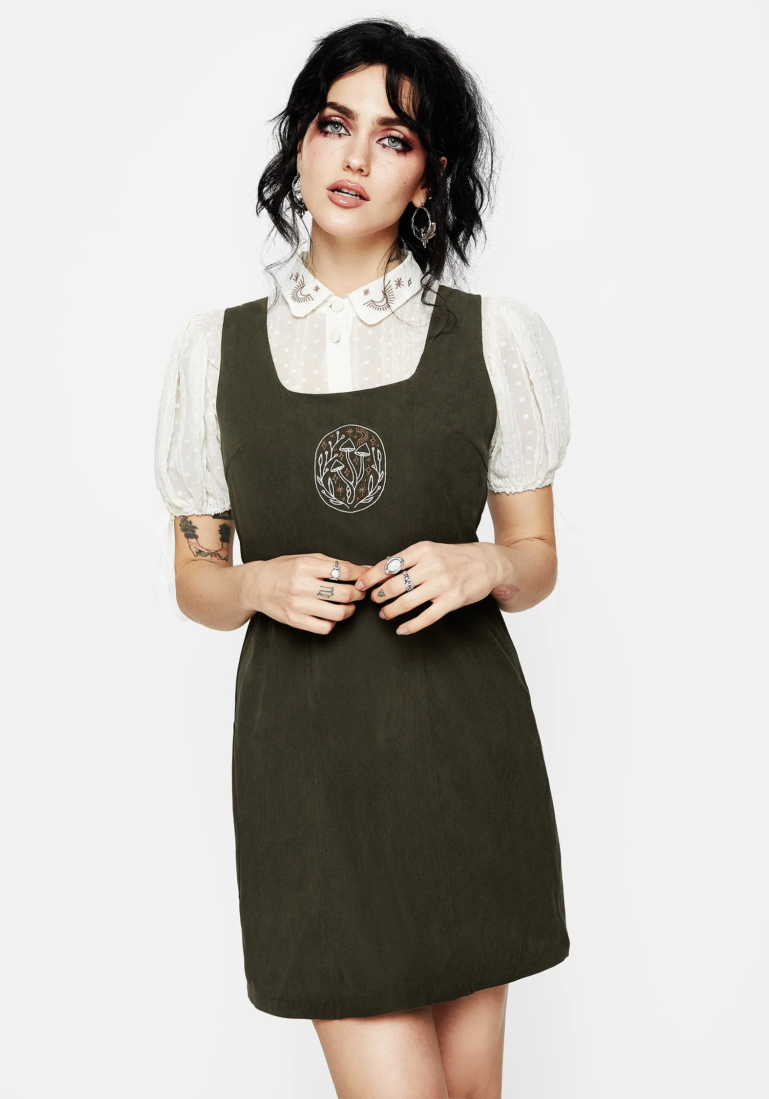 Mycelium Embroidered Mini Pinafore Dress Minimal Design Playful Cut