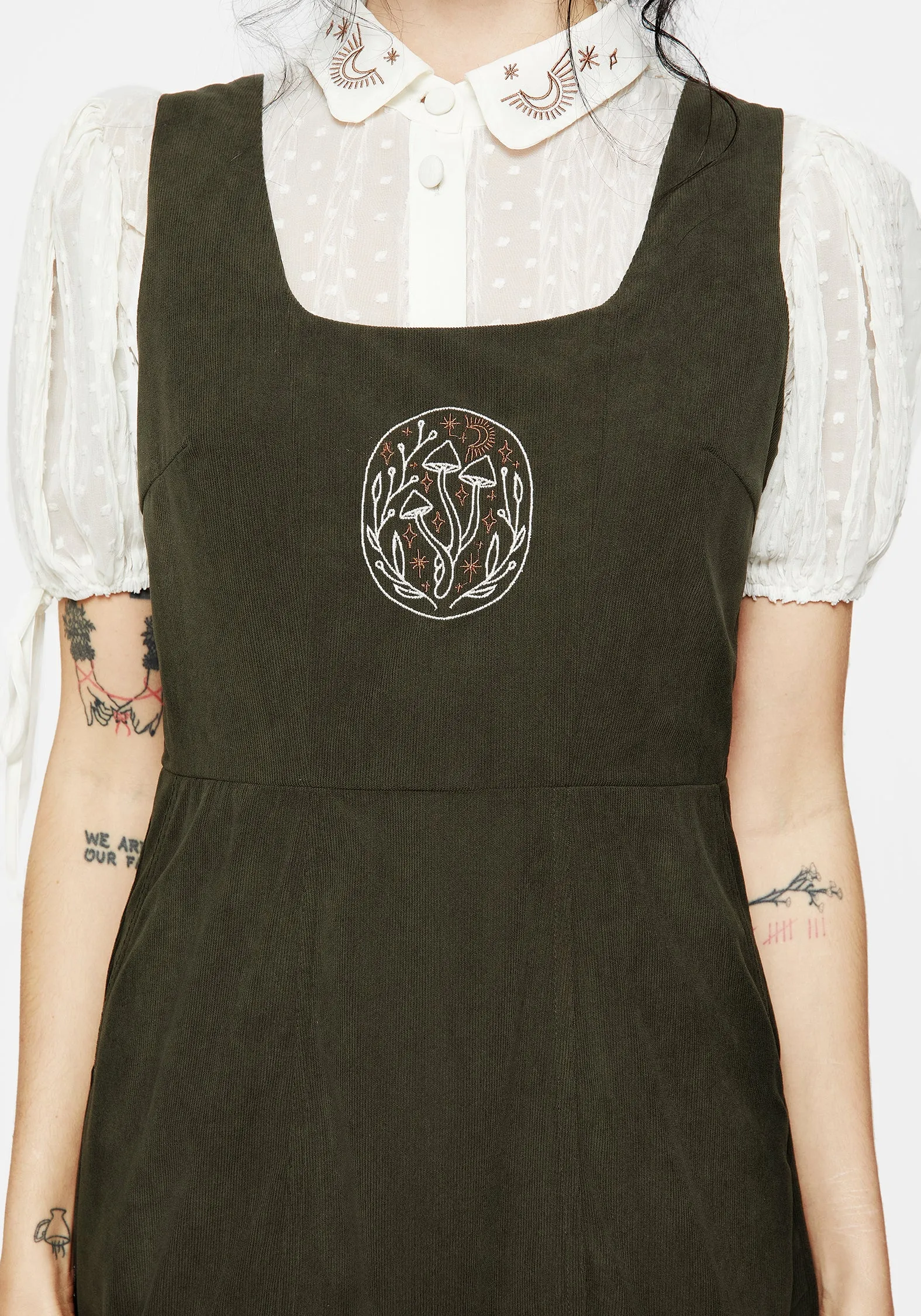 Water-resistant Mycelium Embroidered Mini Pinafore Dress