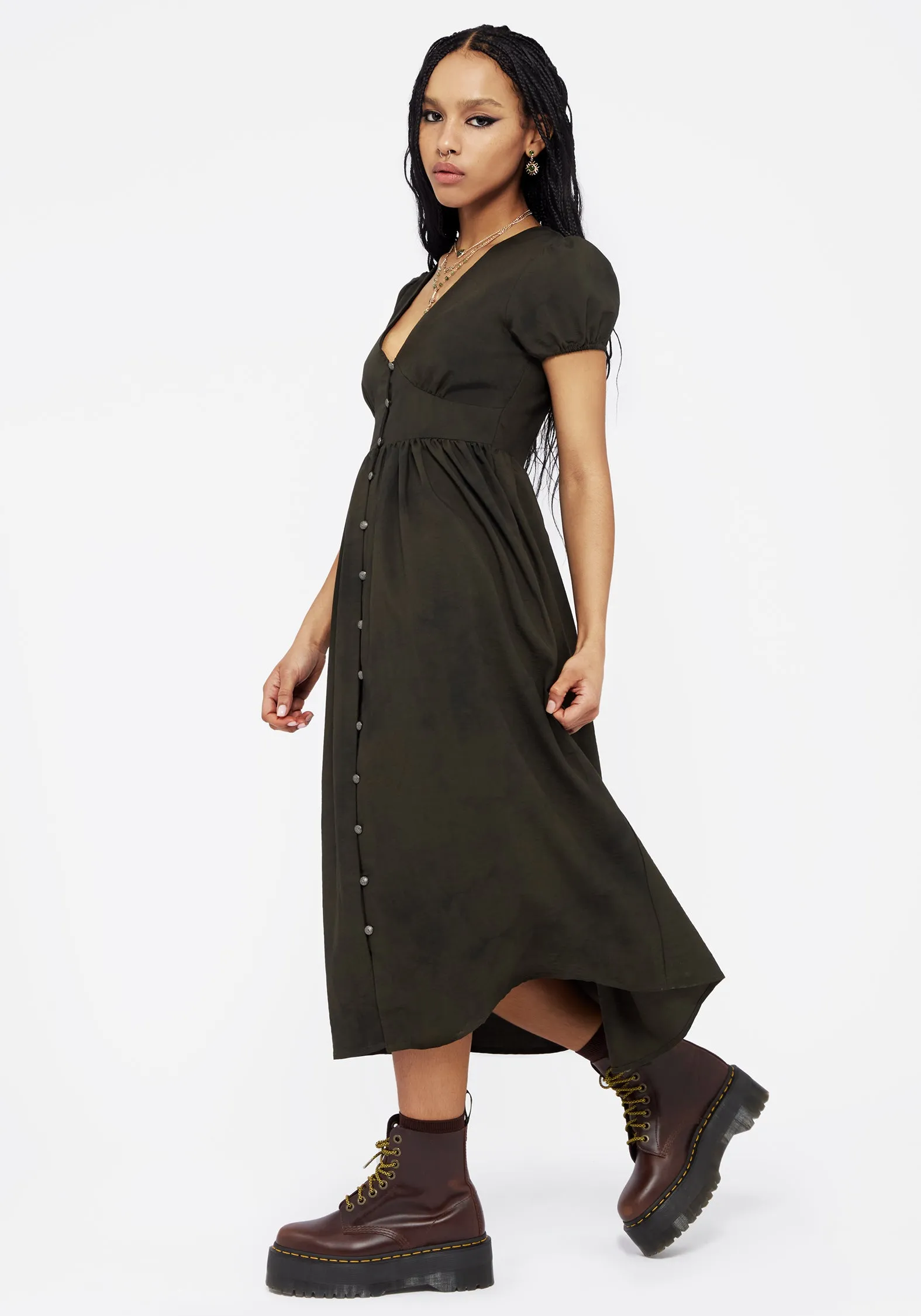 Scalloped-Edge Sleek and Simple Gladys Button Up Midi Dress - Green
