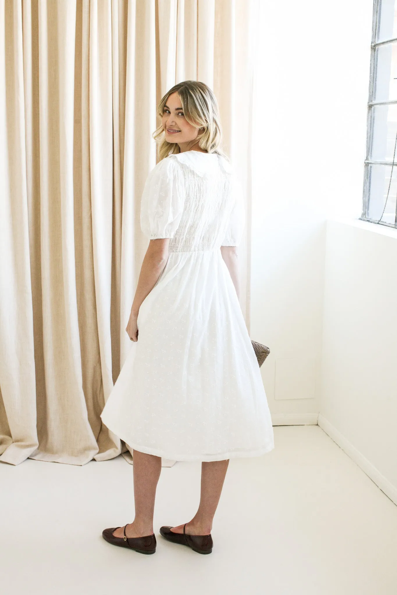 Alice Collared Midi Dress Cinched-Waist Puff-Sleeve