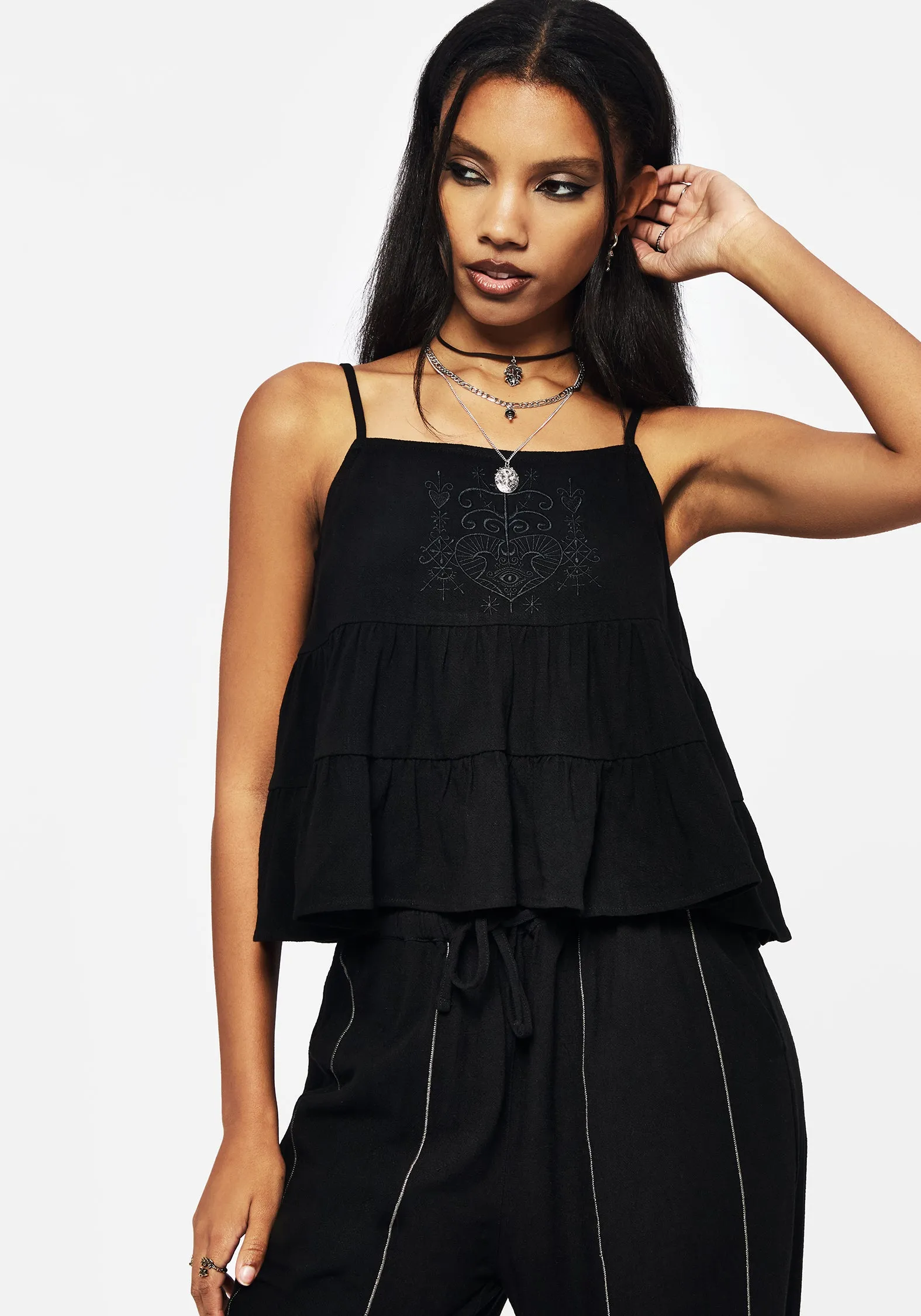 ConvertibleCollarSystem Cordata Linen-Blend Embroidered Tiered Cami Top - Black