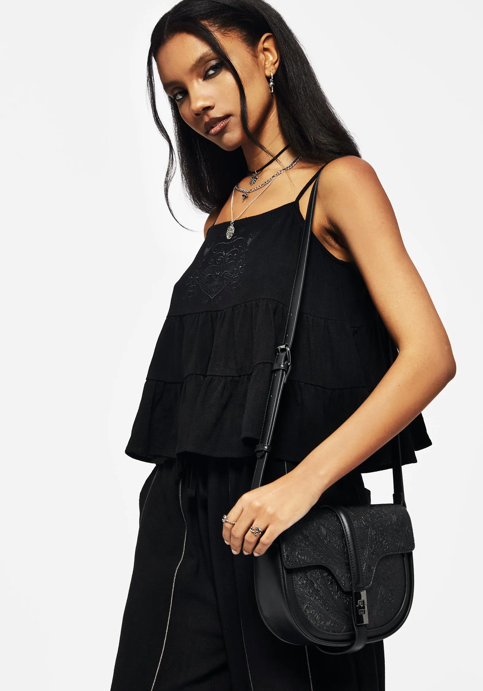 NonRestrictive Cordata Linen-Blend Embroidered Tiered Cami Top - Black