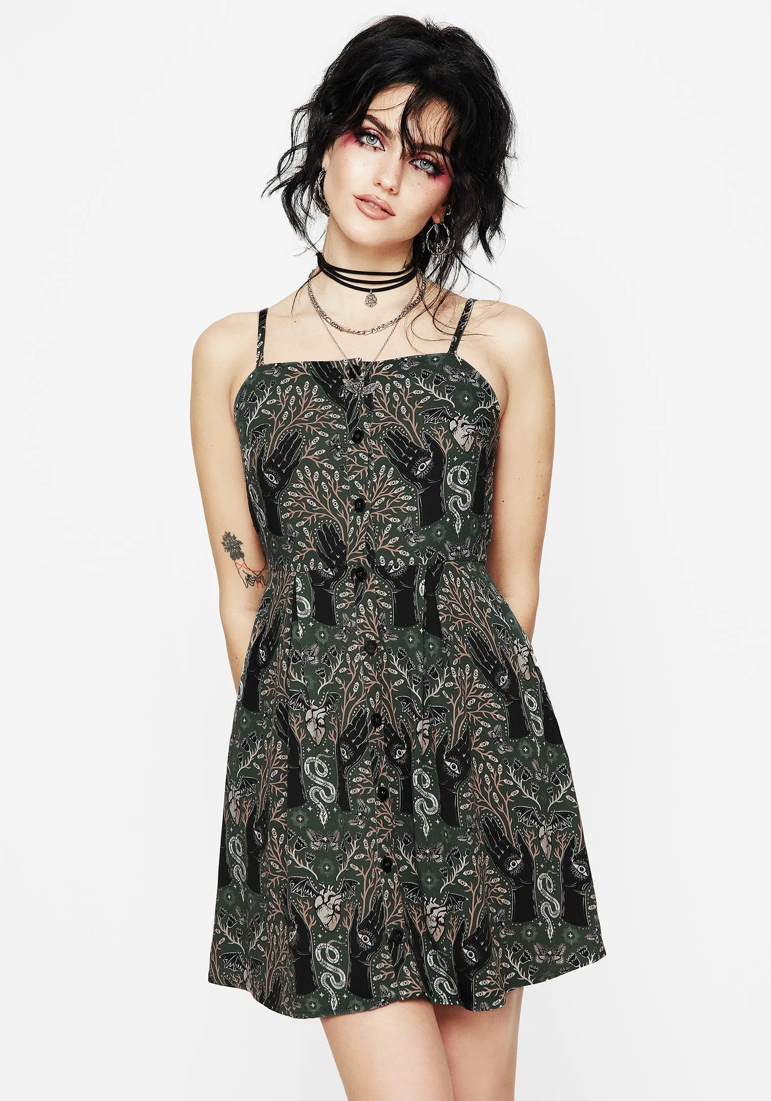 Airy Silk Floor-Length Hemlock Mini Apron Dress - Green