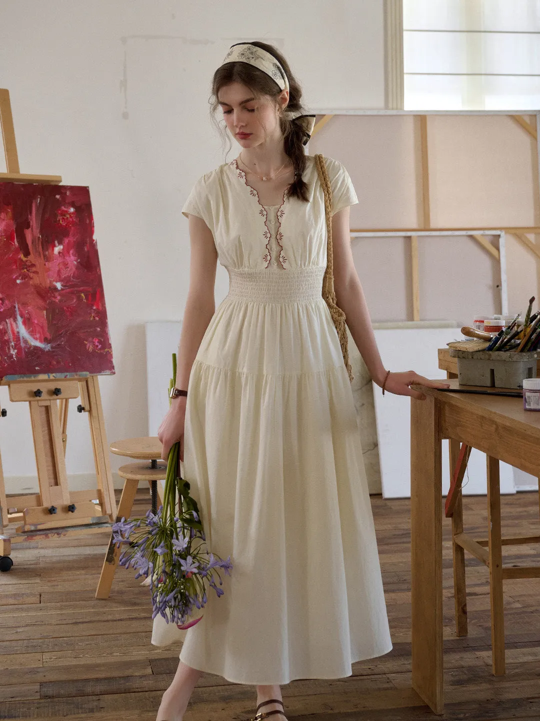 Adalyn Wavy Neck Embroidery 100% Cotton Dress Breathable Style