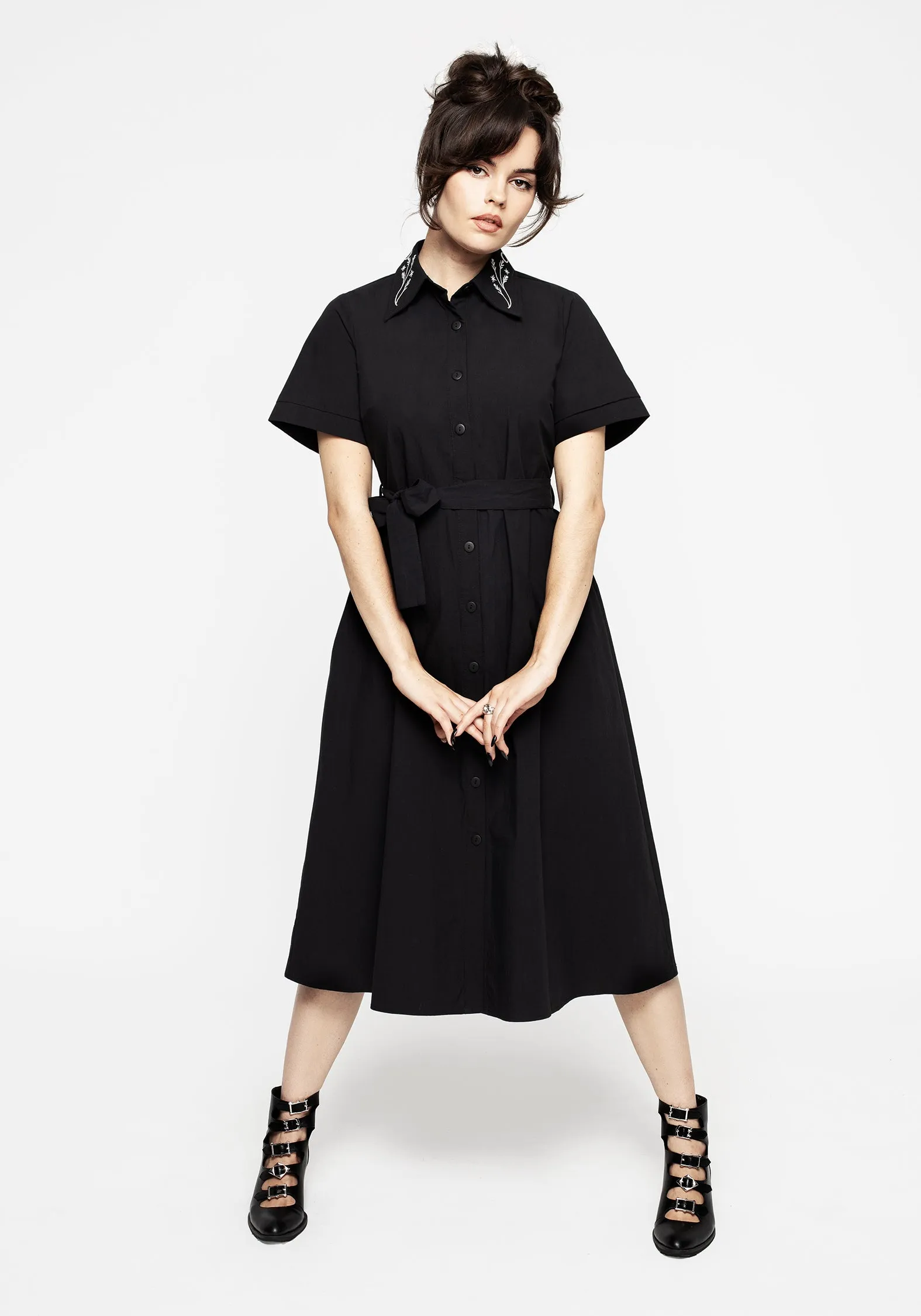 Delicate Touch Smooth Look Goodfellow Embroidered Collar Midi Shirt Dress