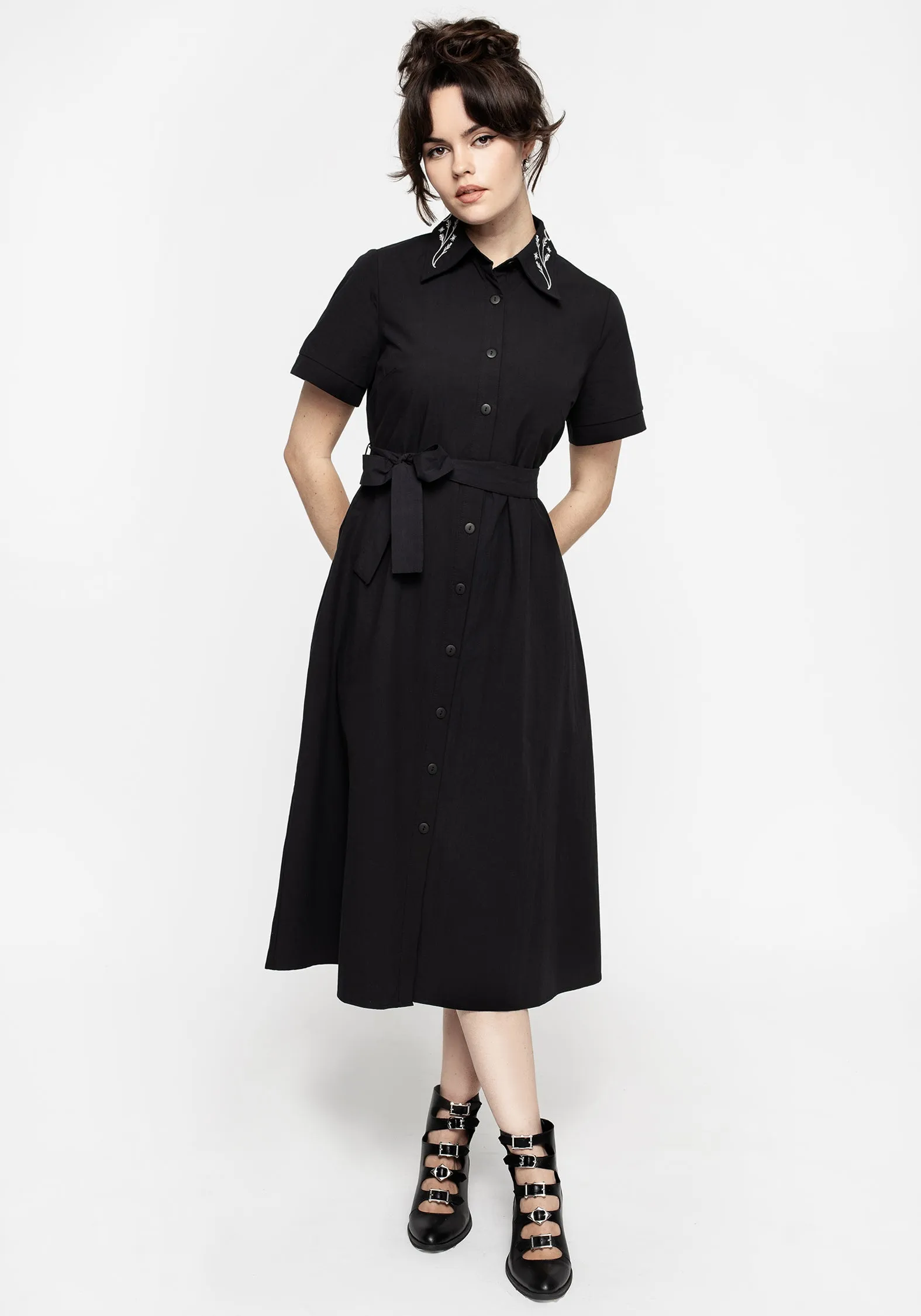 Minimal Harmony Goodfellow Embroidered Collar Midi Shirt Dress