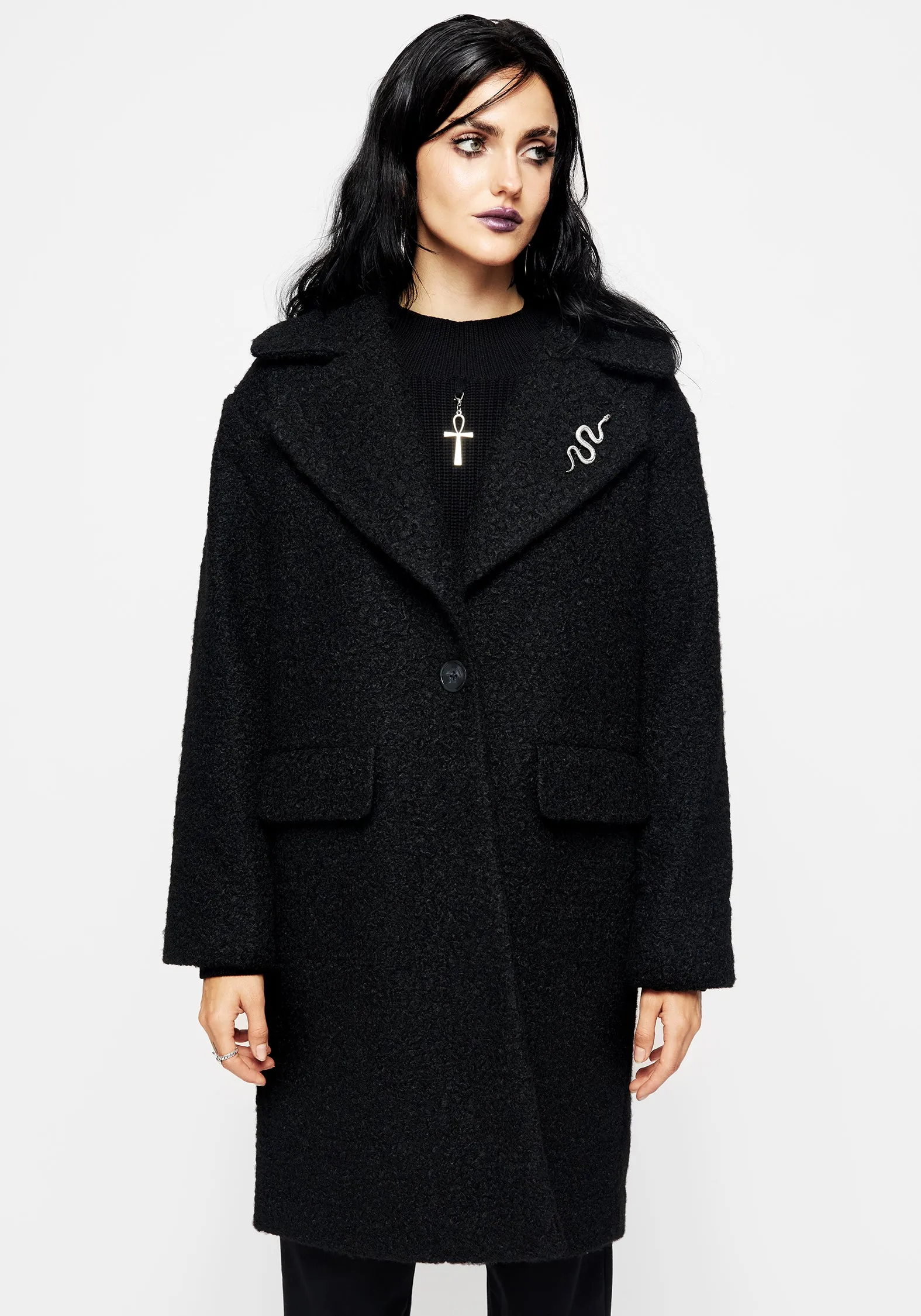 Reversible Layer Gorgon Boucl?? Oversized Coat with Snake Brooch - Black