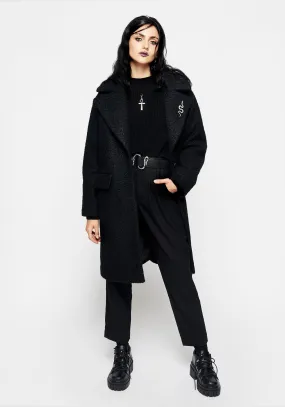 Gorgon Boucl?? Oversized Coat with Snake Brooch - Black Abrasion Resistant Trim Flexible Hood Design