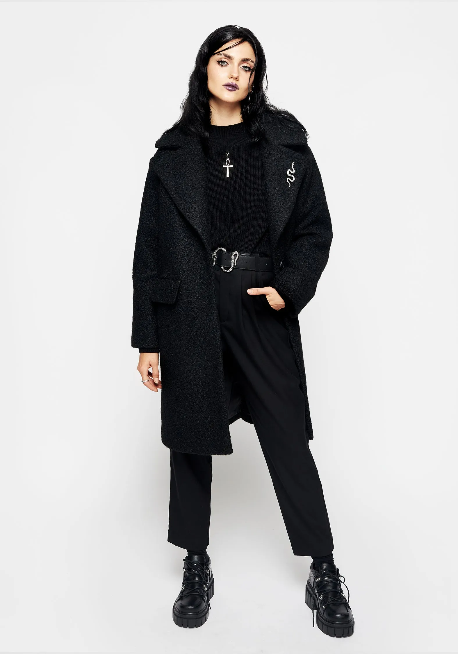 Gorgon Boucl?? Oversized Coat with Snake Brooch - Black Abrasion Resistant Trim Flexible Hood Design