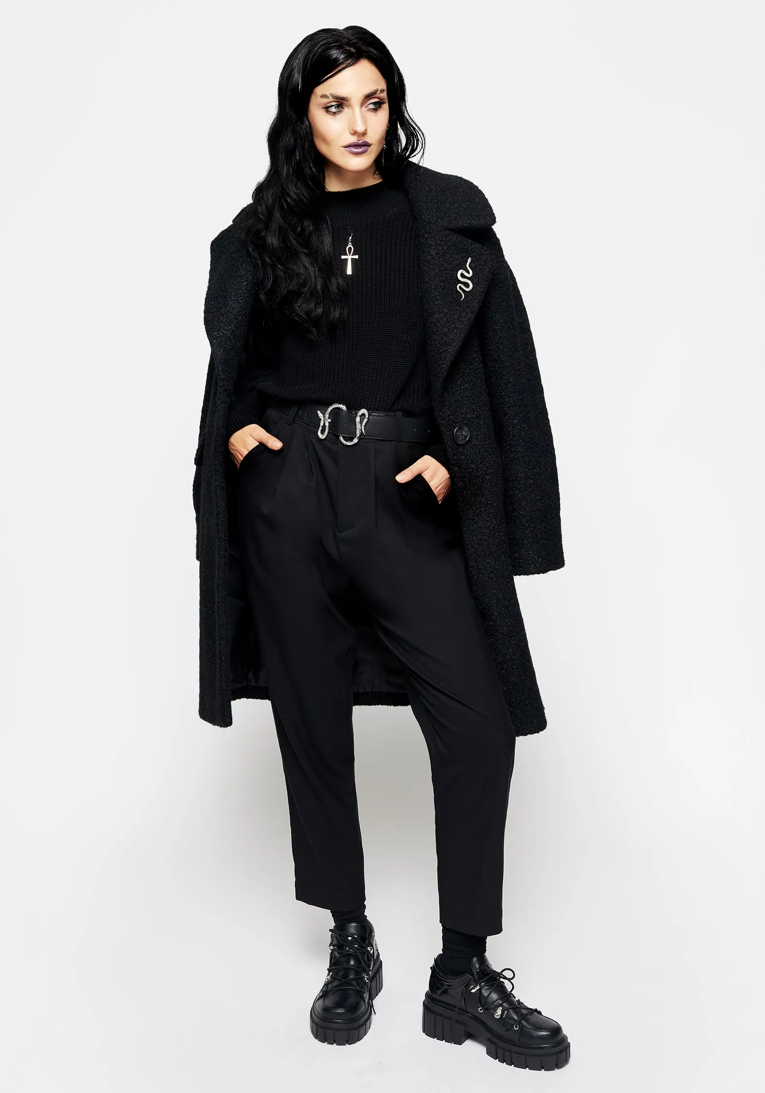 Gorgon Boucl?? Oversized Coat with Snake Brooch - Black City Style Flexible Fit