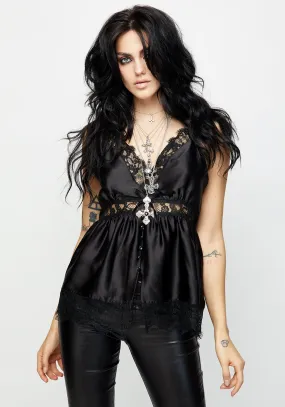 Conjure Satin Lace Trim Button Up Cami Top Built In Filter Layer Sporty T-shirt