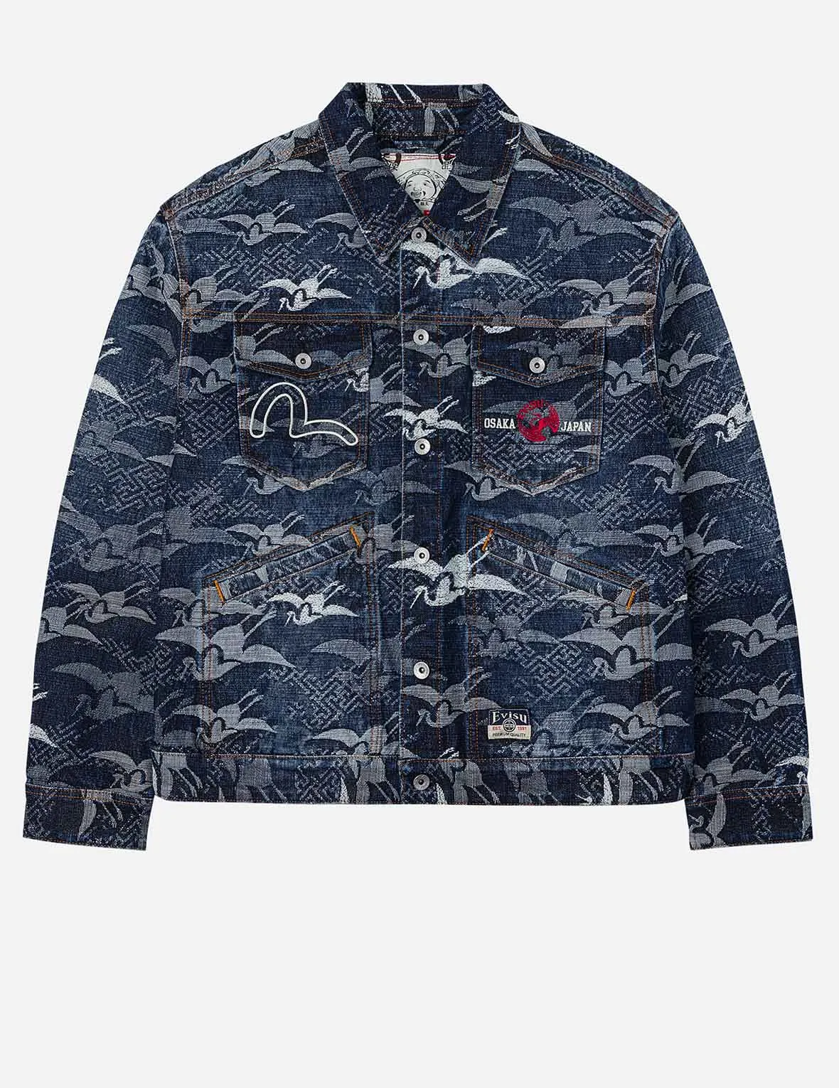 Allover Seagull Cranes Jacquard Loose Fit Denim Jacket Multipurpose Design