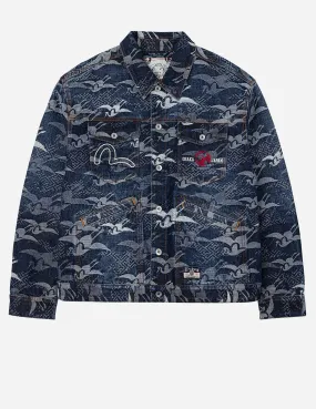 Allover Seagull Cranes Jacquard Loose Fit Denim Jacket Multipurpose Design