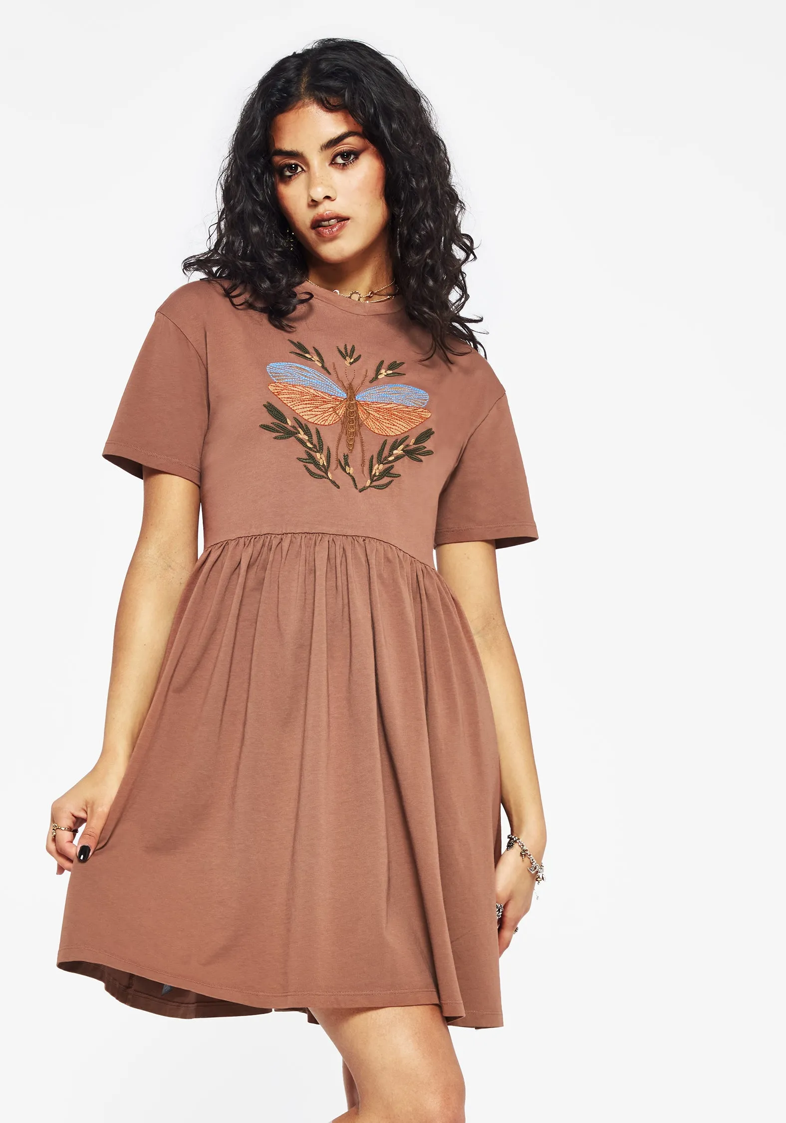 Griffinfly Cotton Embroidered Jersey Mini Skater Dress Smooth Flow