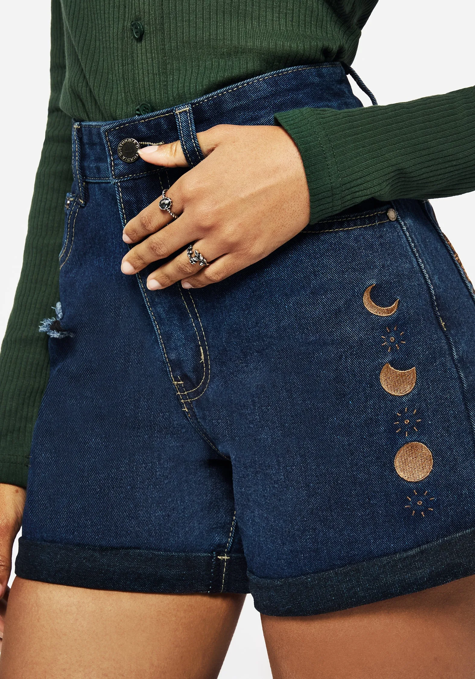 Griffinfly Embroidered Distressed Denim Shorts - Blue Cashmere Touch