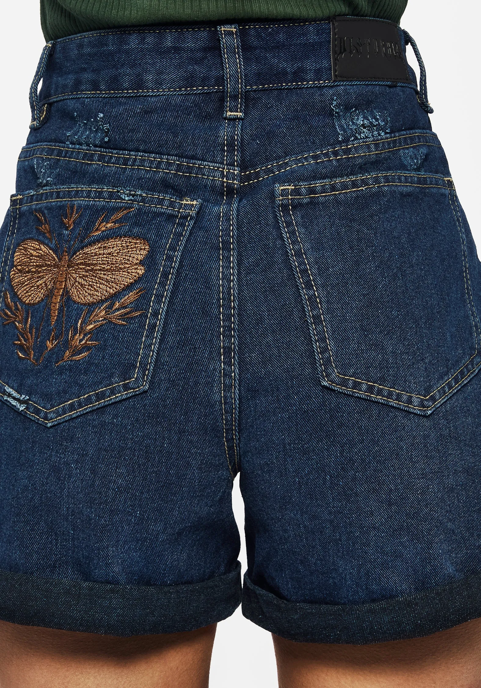 Classic Appeal Contrast Panel Griffinfly Embroidered Distressed Denim Shorts - Blue