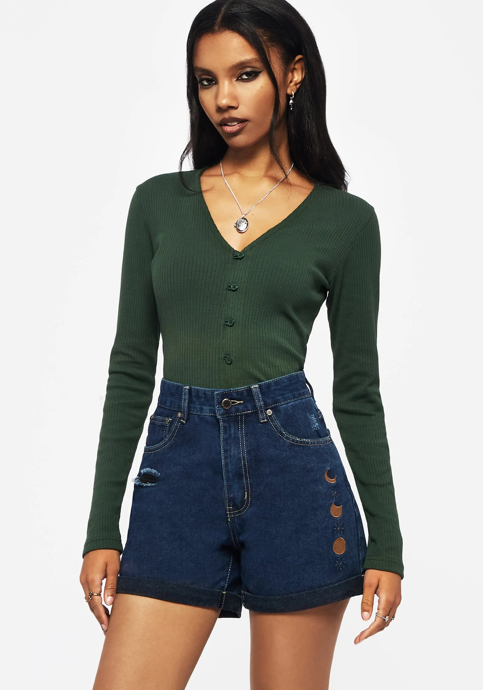 Griffinfly Embroidered Distressed Denim Shorts - Blue Leisure Ready Outfit Formula