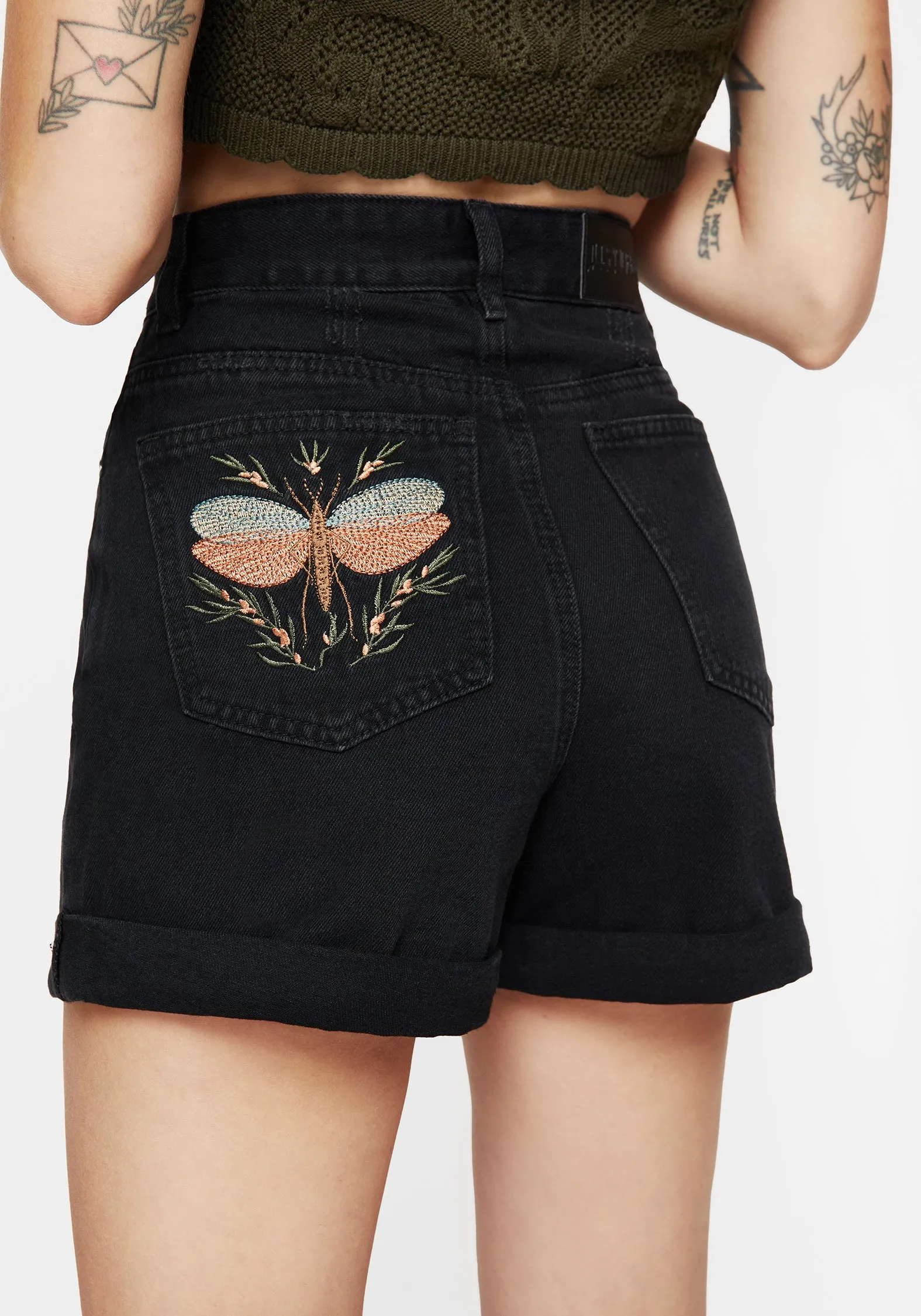 Griffinfly Embroidered Distressed Denim Shorts Easy Comfort Contrast Panel