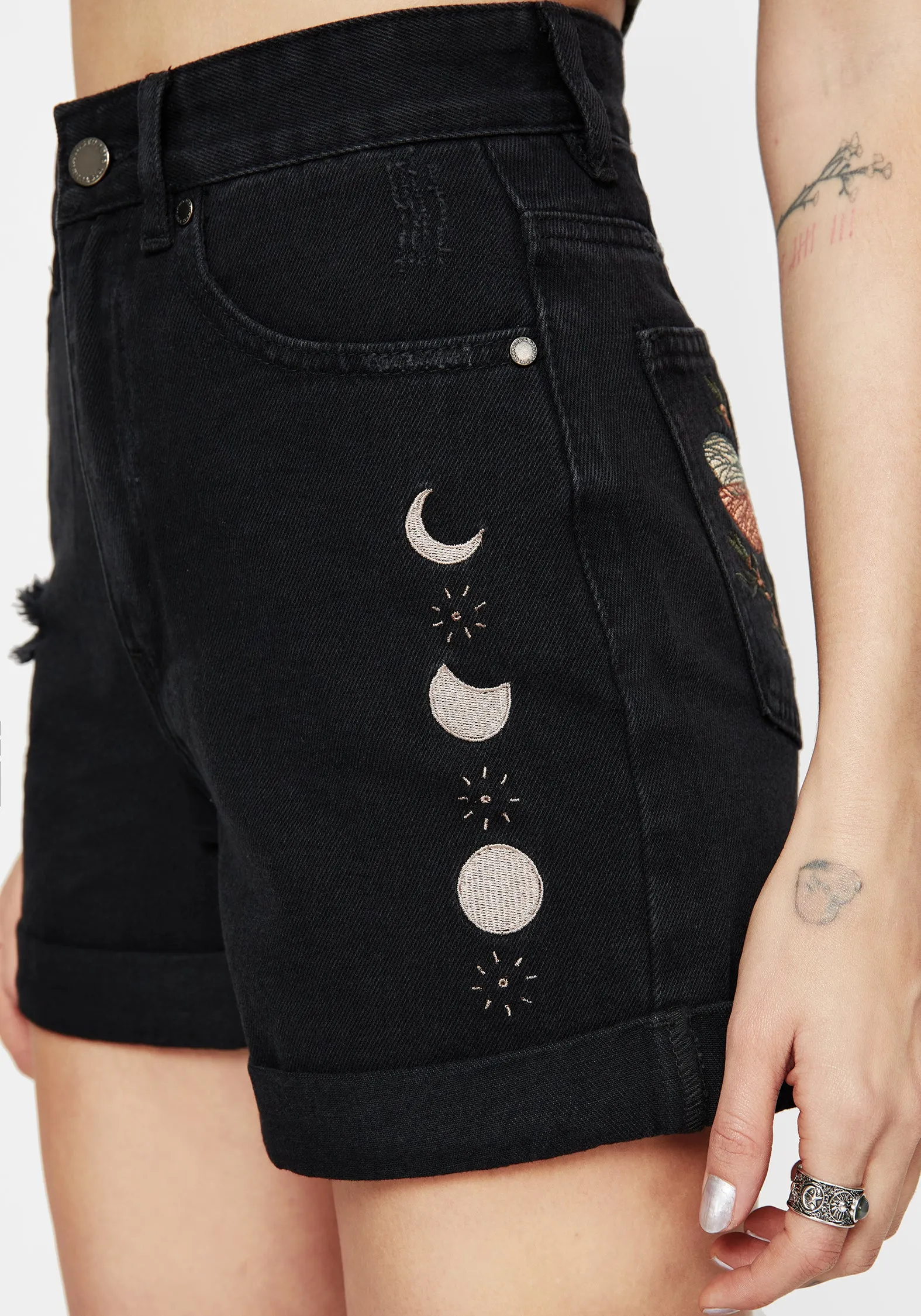 Griffinfly Embroidered Distressed Denim Shorts Iconic Style