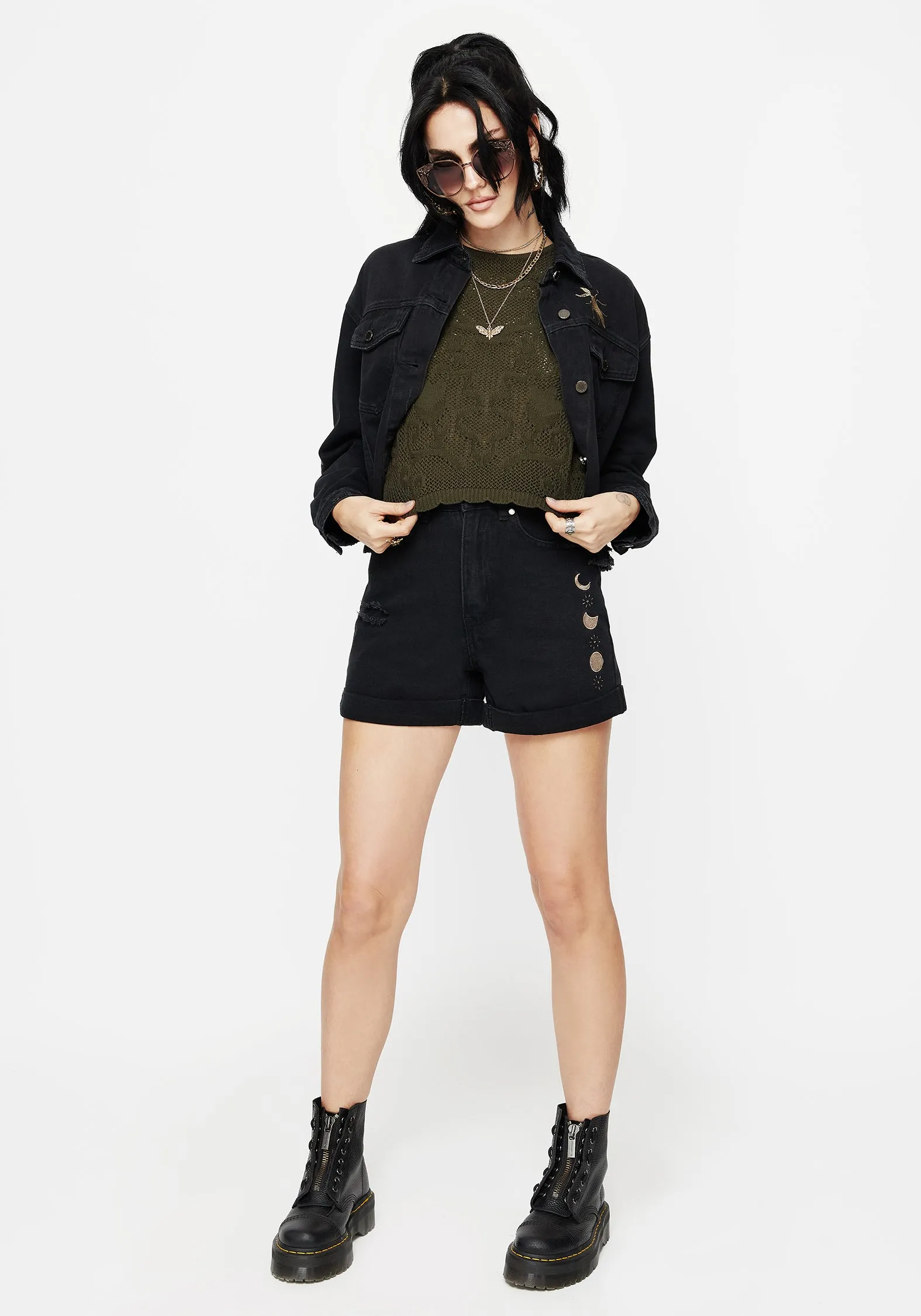 Chill Tones Sleek Appeal Griffinfly Embroidered Distressed Denim Shorts