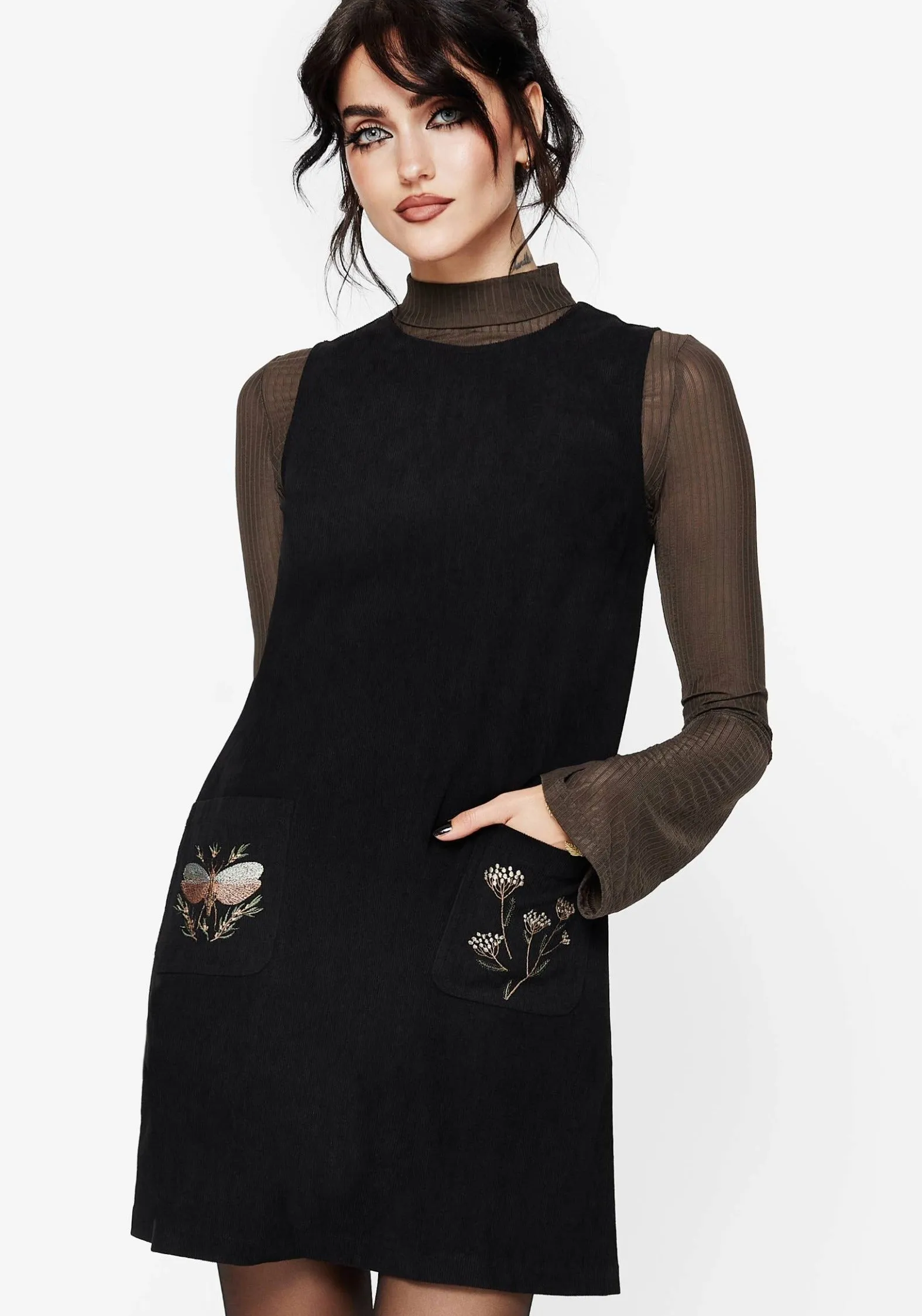 Harmonious Layers Soft and Light Griffinfly Embroidered Pocket Cord Mini Dress