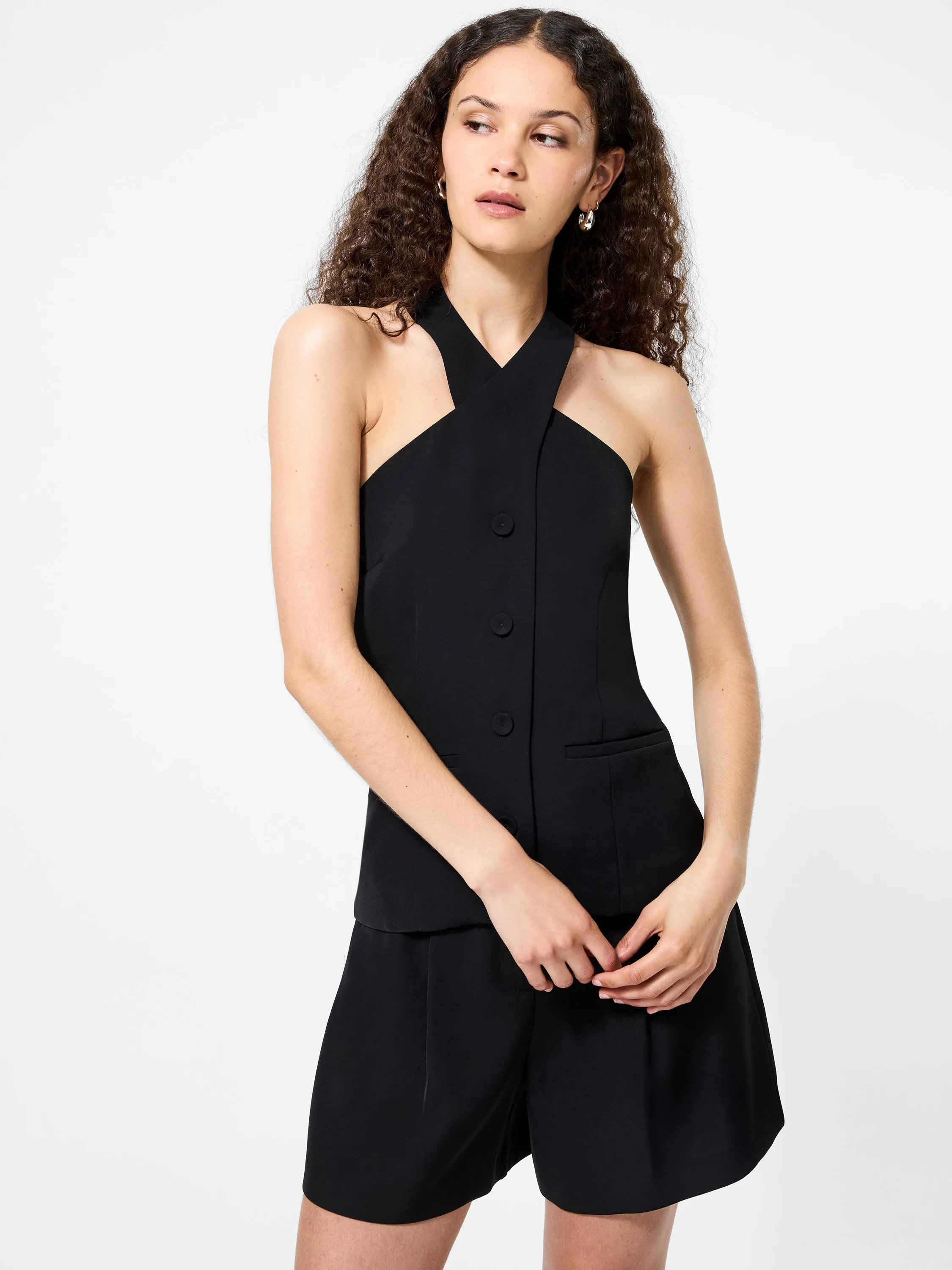 Harry Suiting Cross Neck Vest Tencel Cotton Hybrid Weave