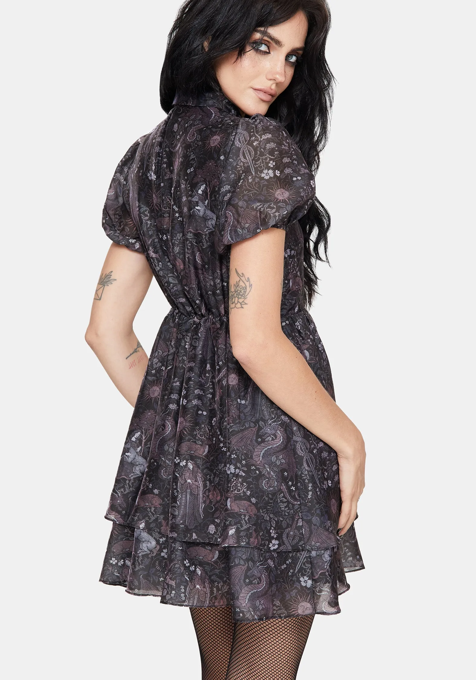 Haunt Medieval Print Chiffon Smocked Mini Dress Live Soft