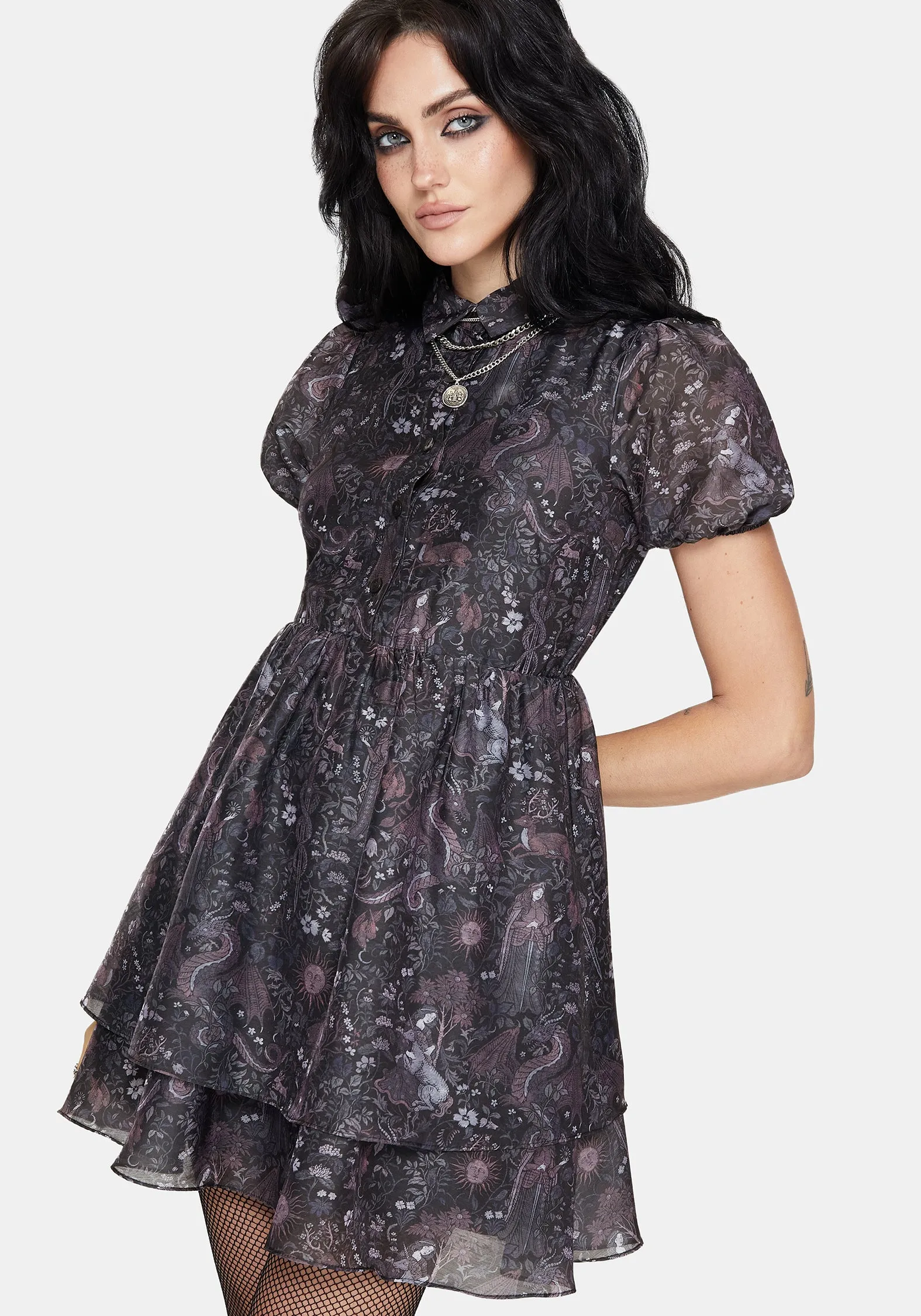 Haunt Medieval Print Chiffon Smocked Mini Dress Coquette Feel Stage Rush
