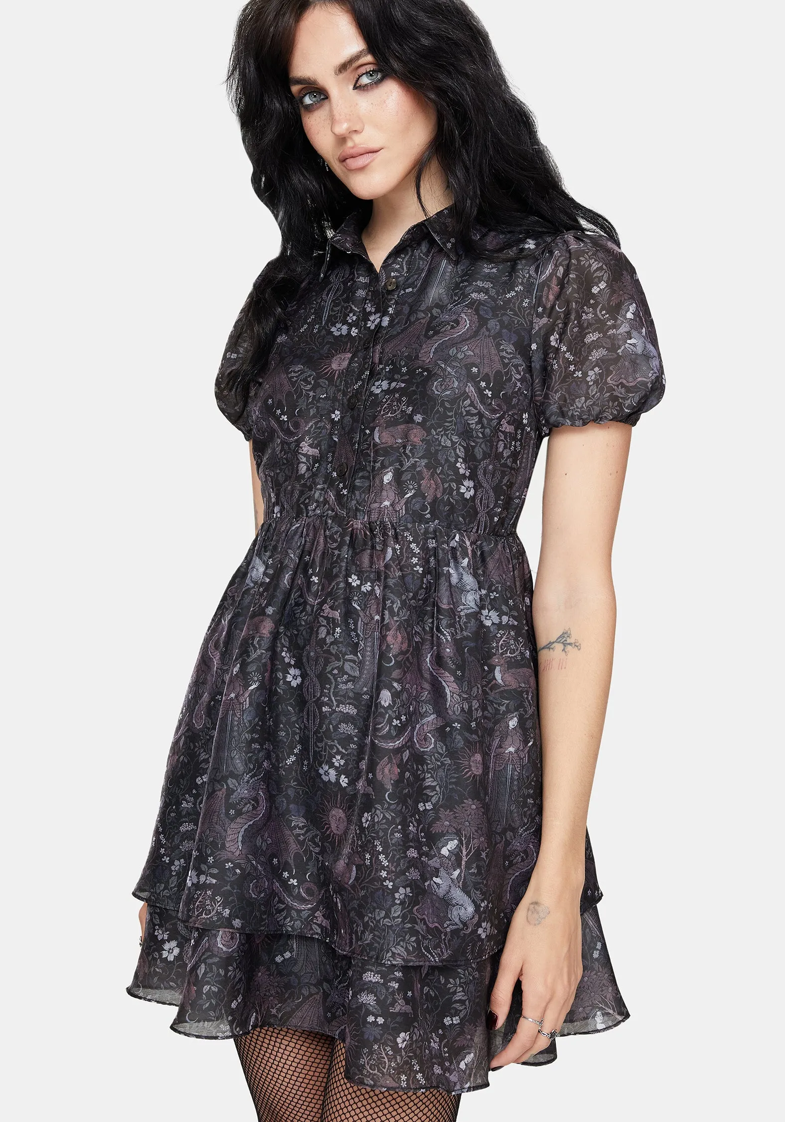 Haunt Medieval Print Chiffon Smocked Mini Dress Perfect Mood