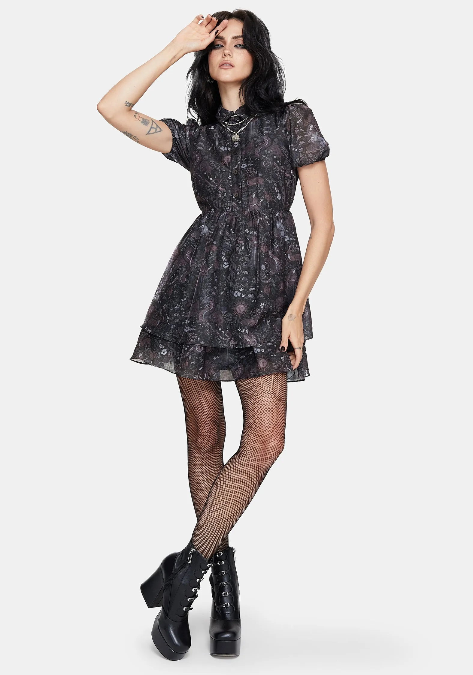 Haunt Medieval Print Chiffon Smocked Mini Dress Wide Hemline