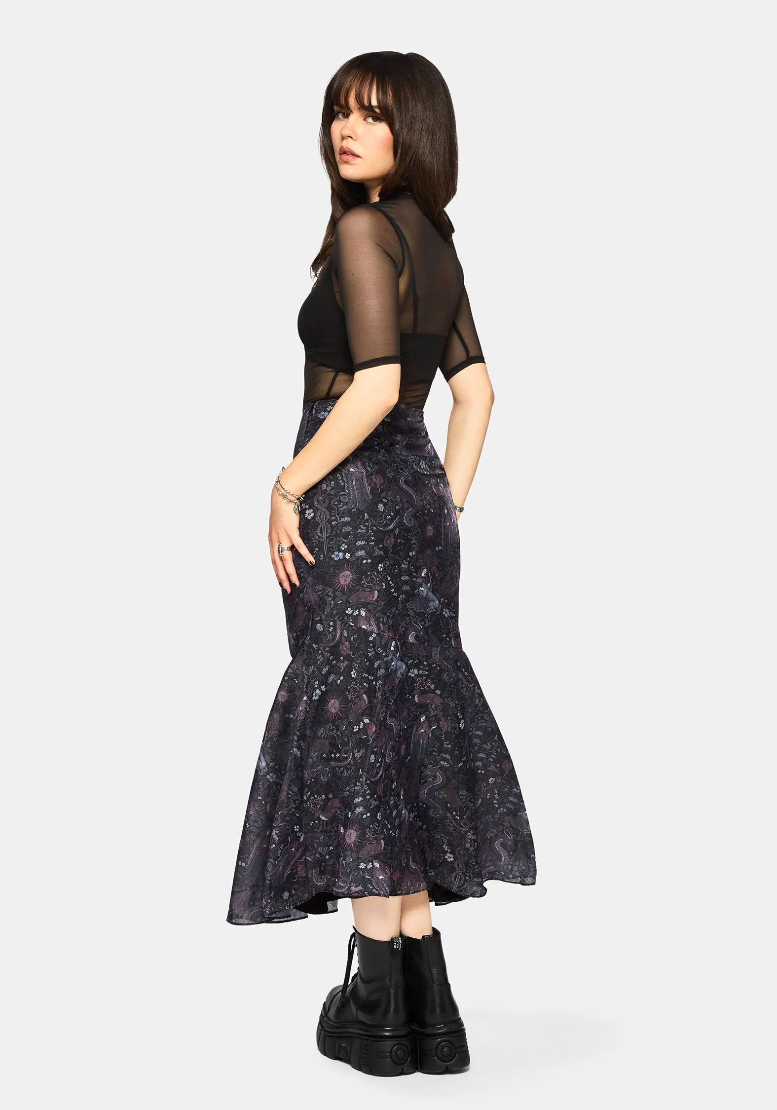 Haunt Medieval Printed Asymmetric Midaxi Skirt Modern Tones Stretch Fabric