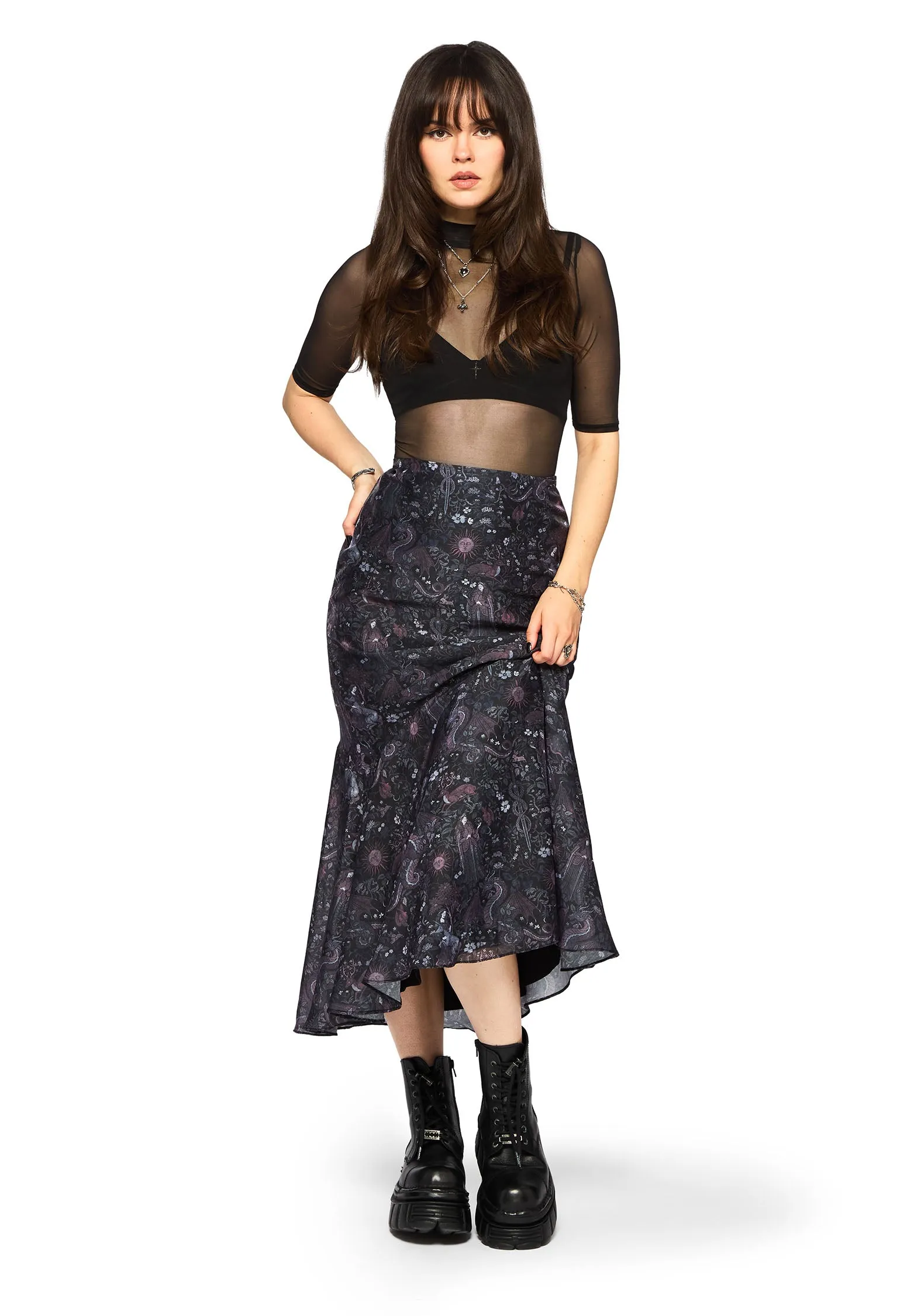 Outfit Details Matte Finish Haunt Medieval Printed Asymmetric Midaxi Skirt