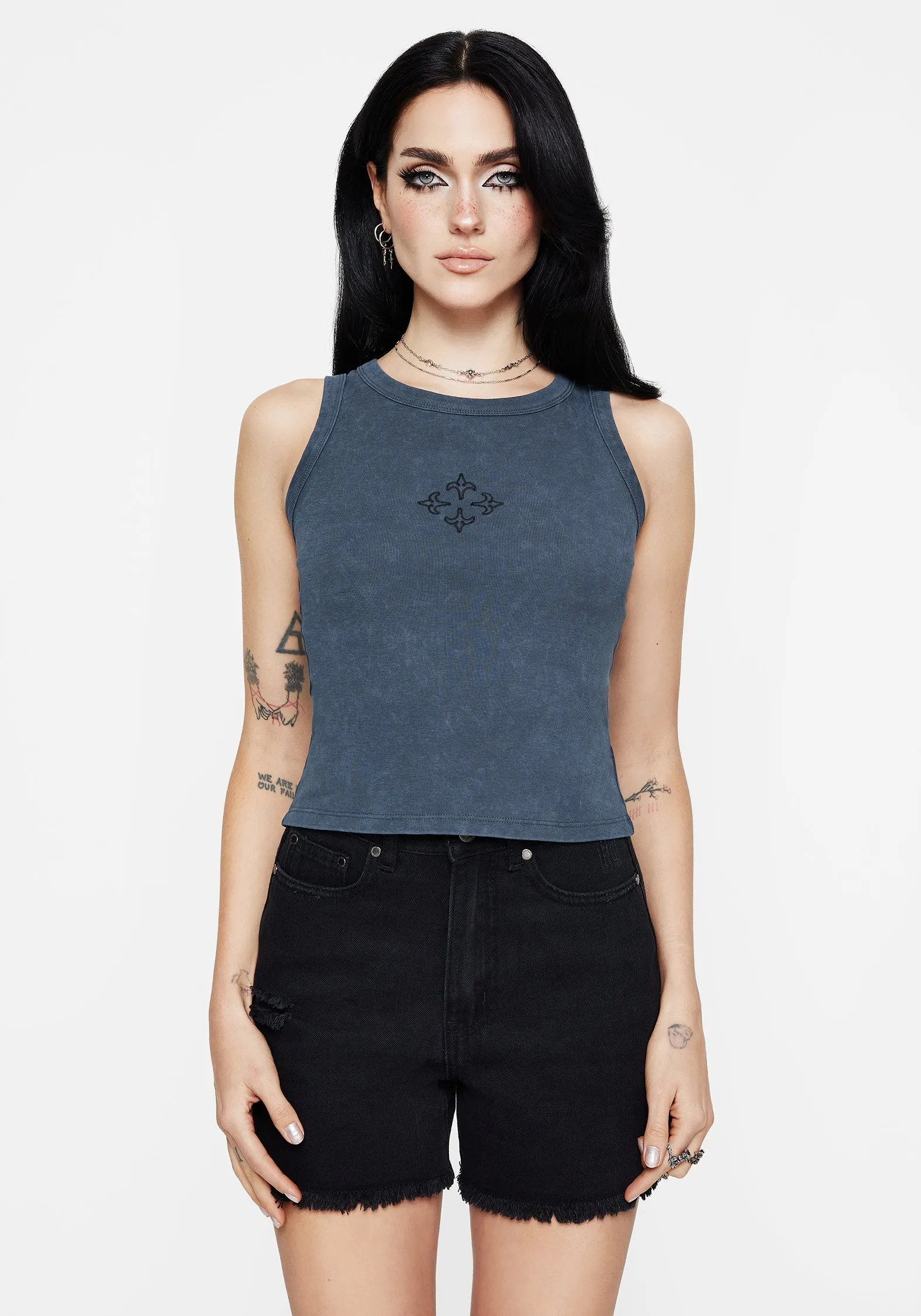 Versatile Layering Piece Haven Cross Embroidered Ribbed Cotton Tank Top