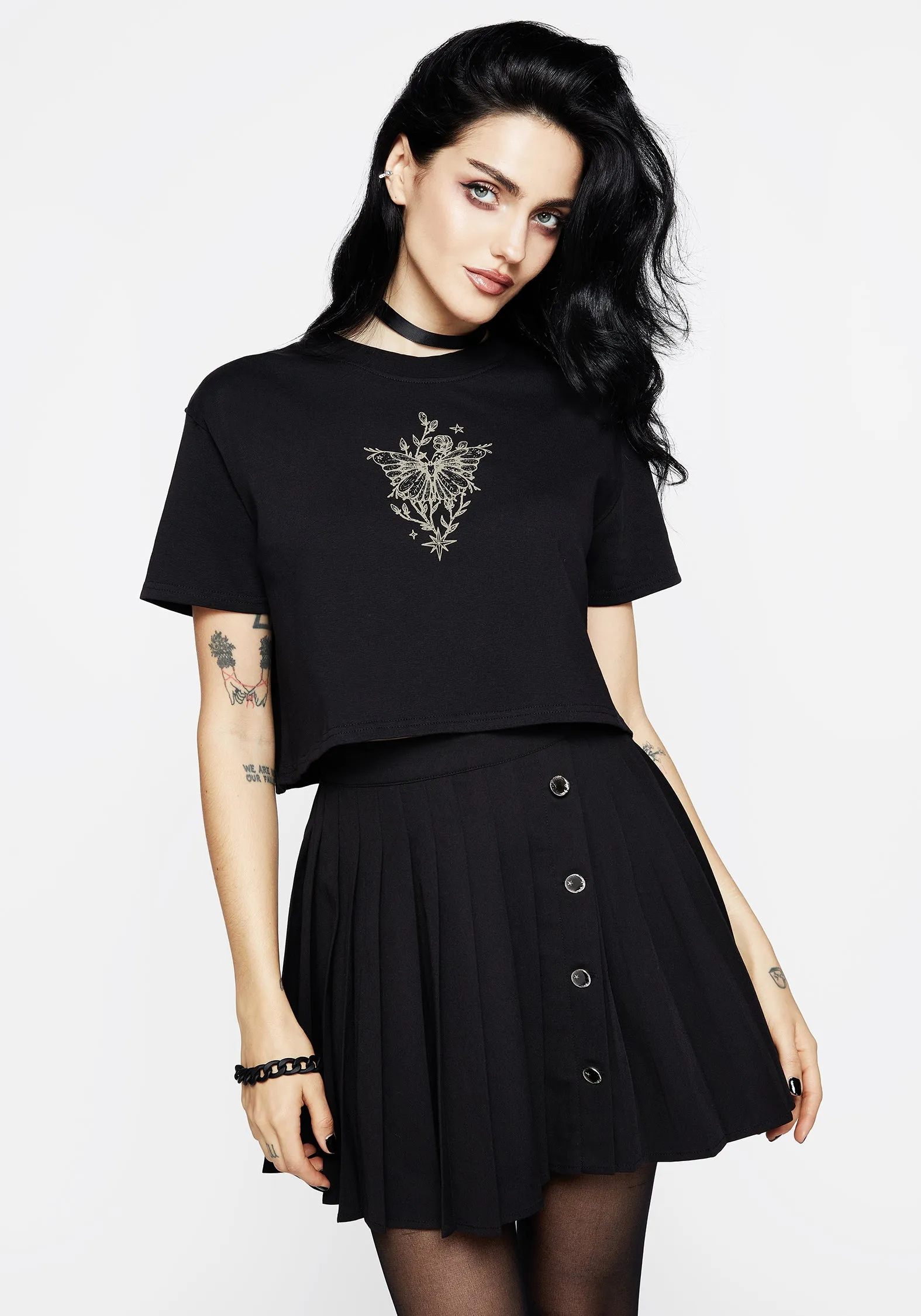 Hawkmoth Graphic Print Boxy Crop Tee Reflective Accent Trim