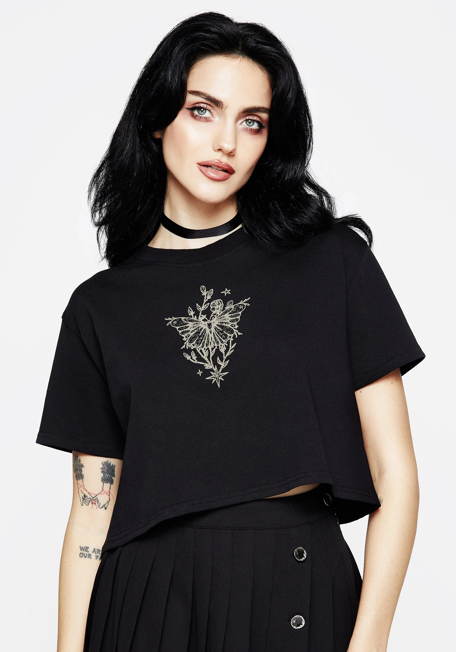 Hawkmoth Graphic Print Boxy Crop Tee DoubleLayered Neckline