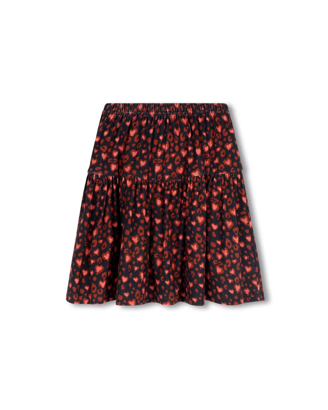 Heart Print Tiered Skirt Mix Texture Frayed Finish