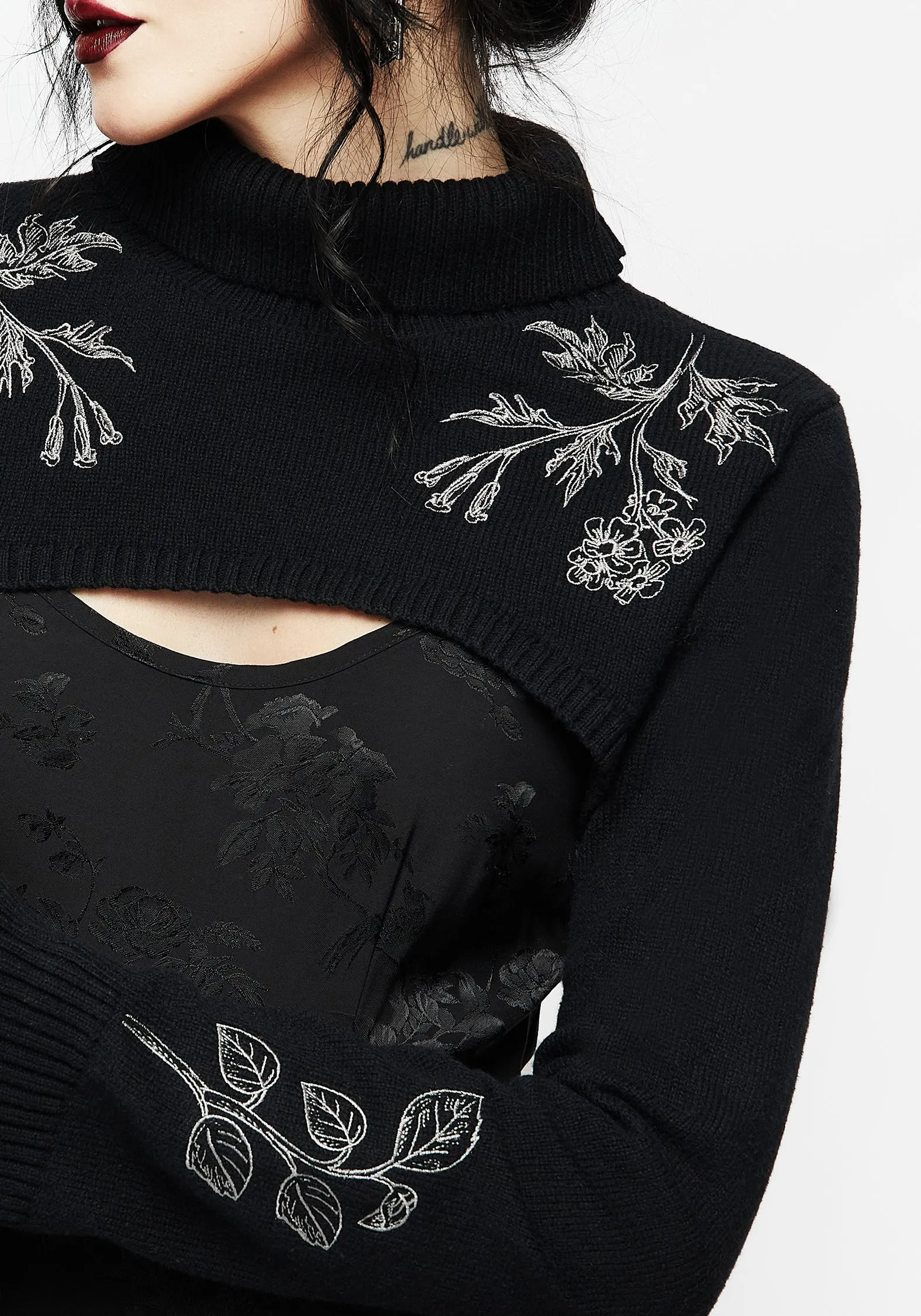 CompactSize Amalthea Embroidered Roll Neck Extreme Crop Jumper