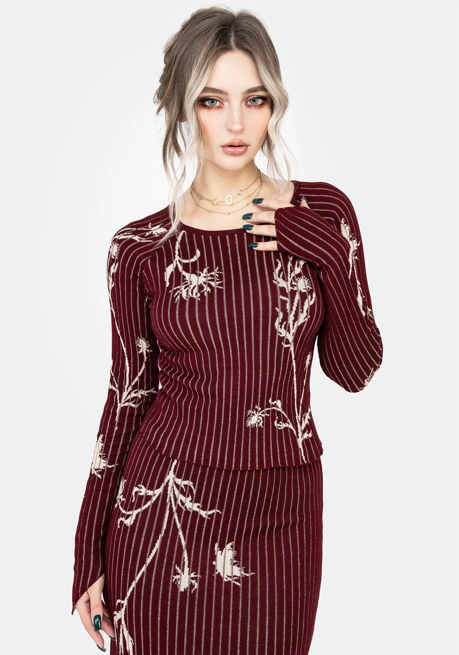 Diastella Floral Jacquard Rib Knit Raglan Sleeve Top - Red Tear Resistant Weave Quick Dry Tech