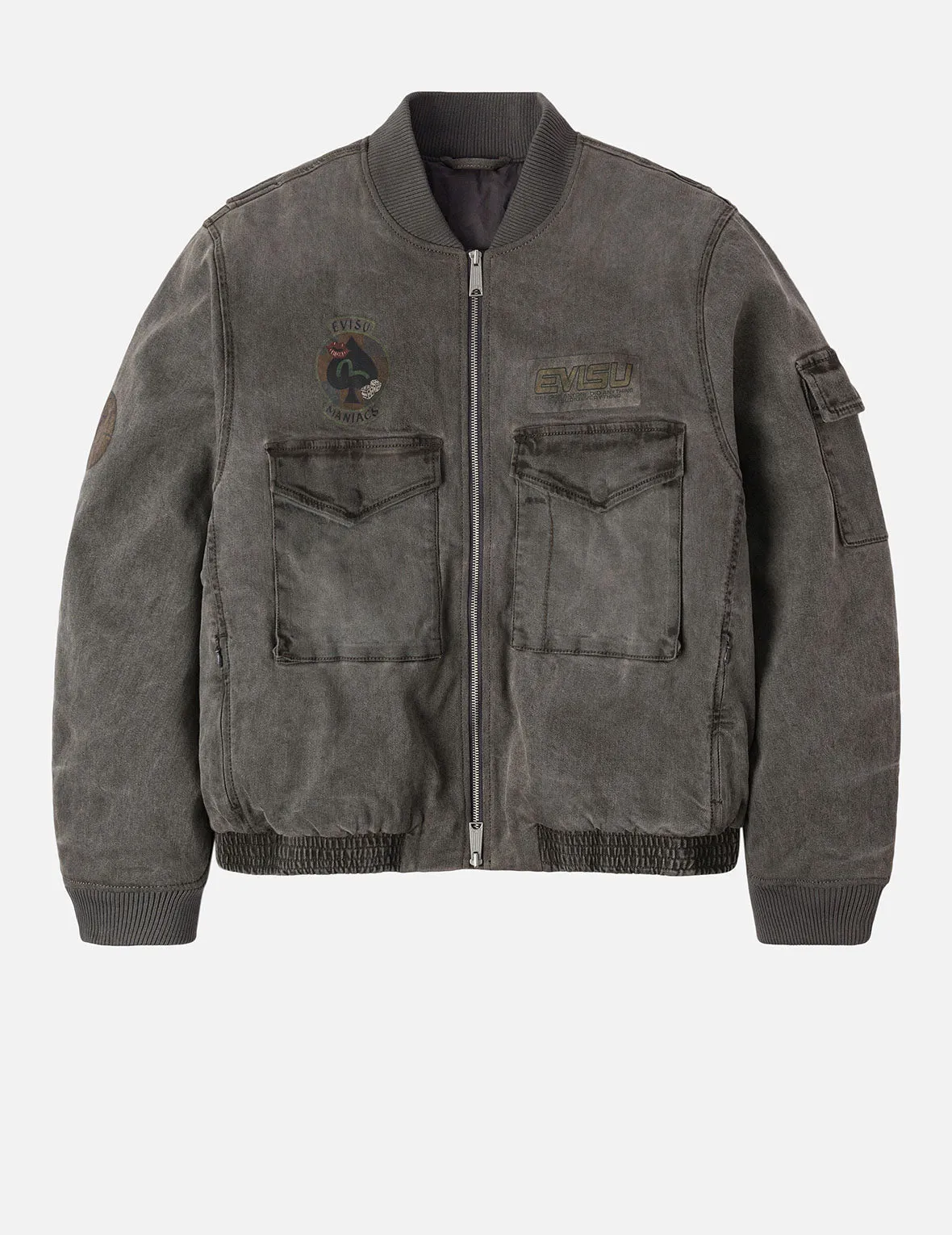 Flexible Ribbed Cuffs Versatile Layering Heavy Washed Multi Logo Badges Print Regular Fit Padded Bomber Jacket