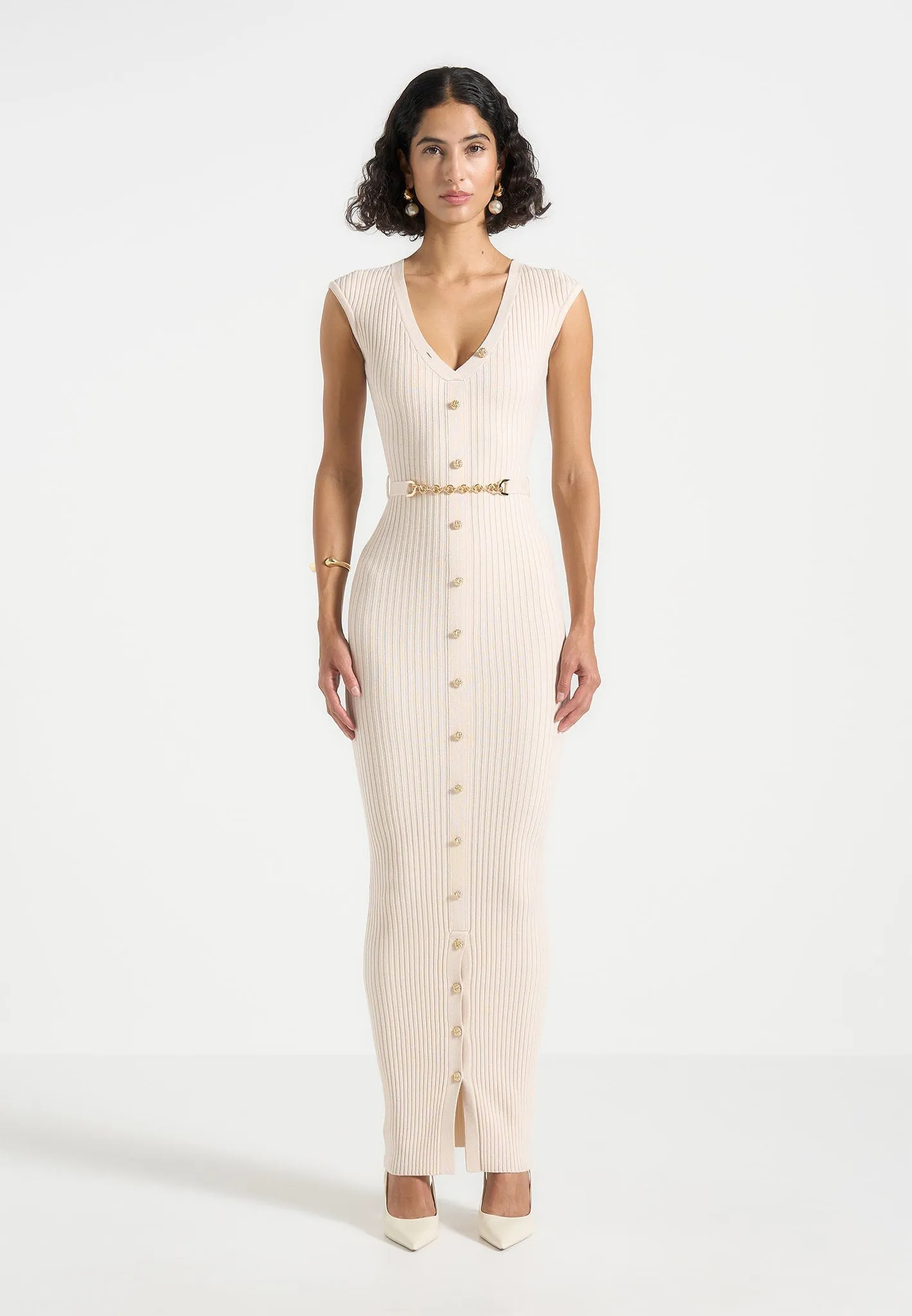 Helene - Knitted Midaxi Dress with Belt - Beige Mood Glow