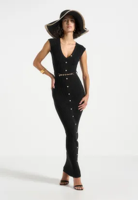 Elegant Flow Effortless Wear Helene - Knitted Midaxi Dress with Belt - Black