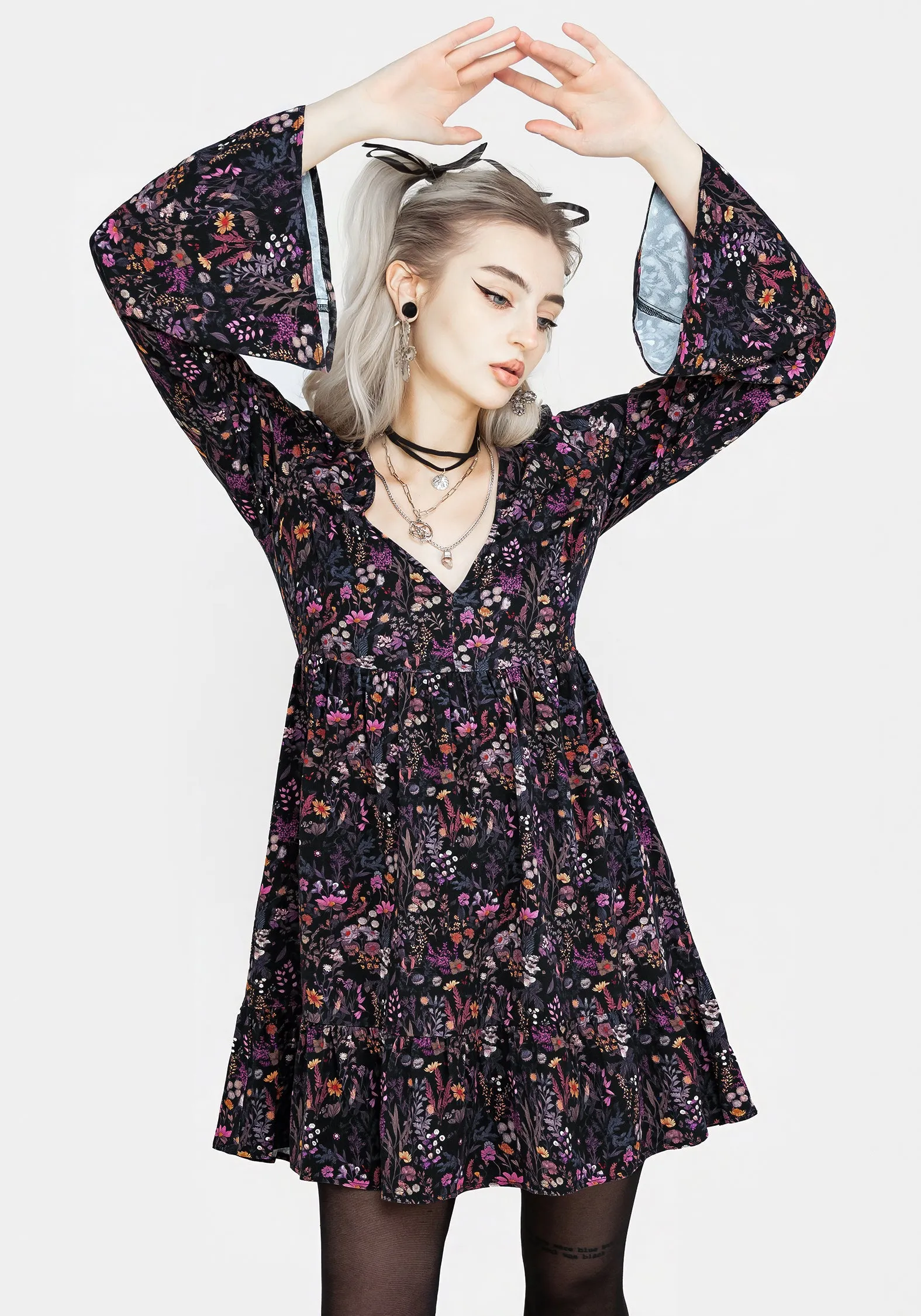 Heliotrope Floral Mini Smock Dress Empire Waist