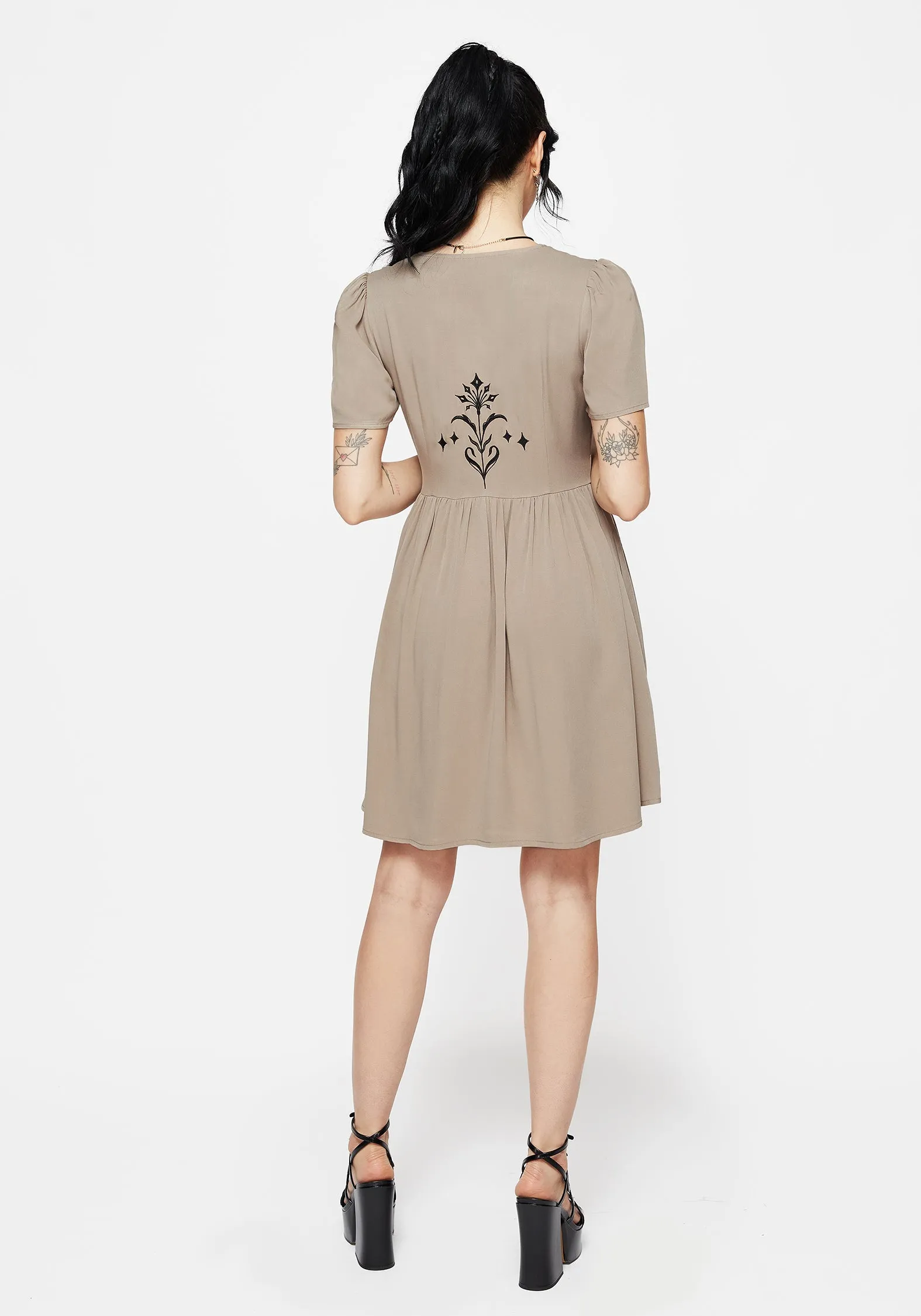 Hester Embroidered Button Up Mini Dress Head Turn Rounded Neckline