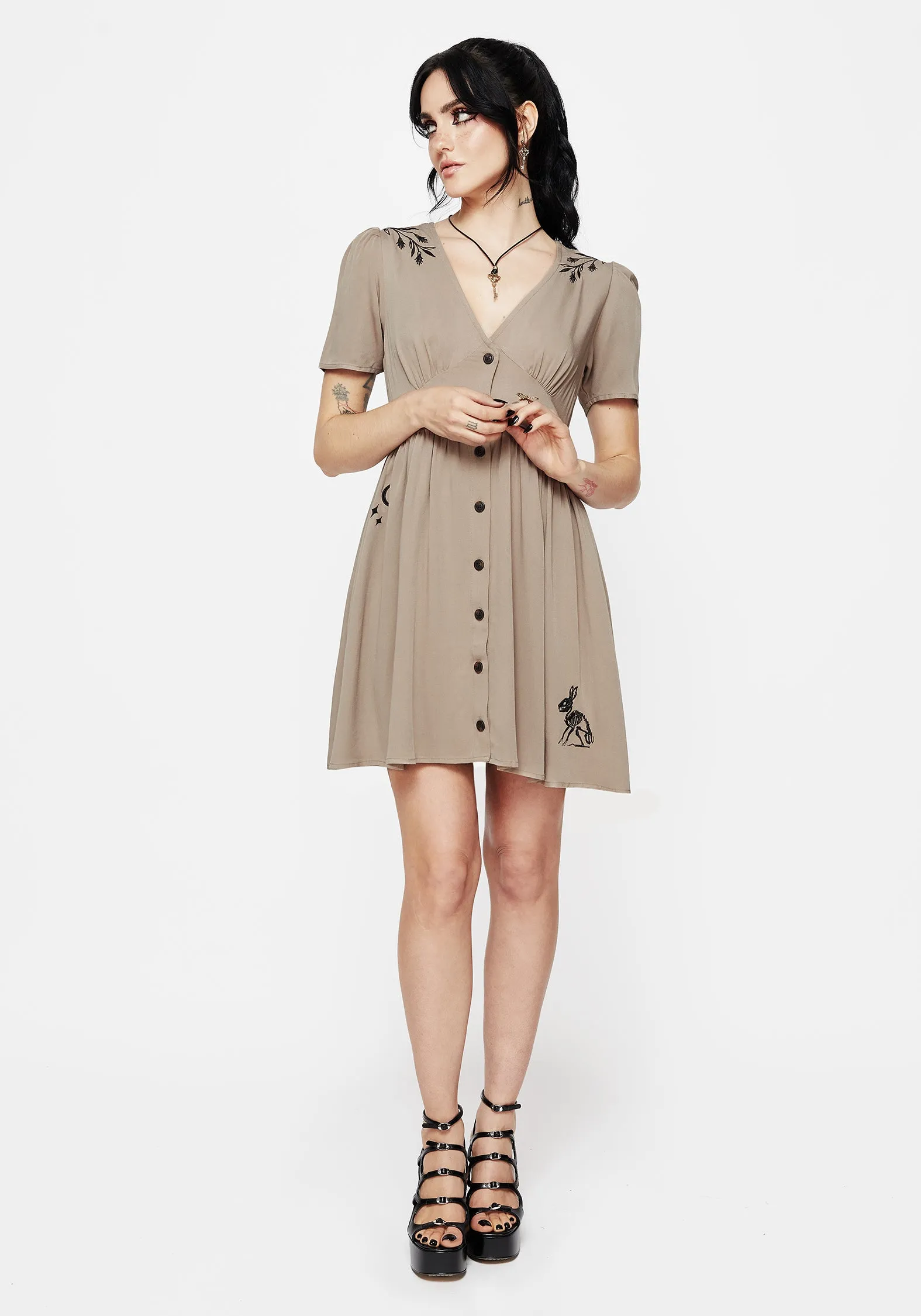 Hester Embroidered Button Up Mini Dress Button Accent Elastic Fit