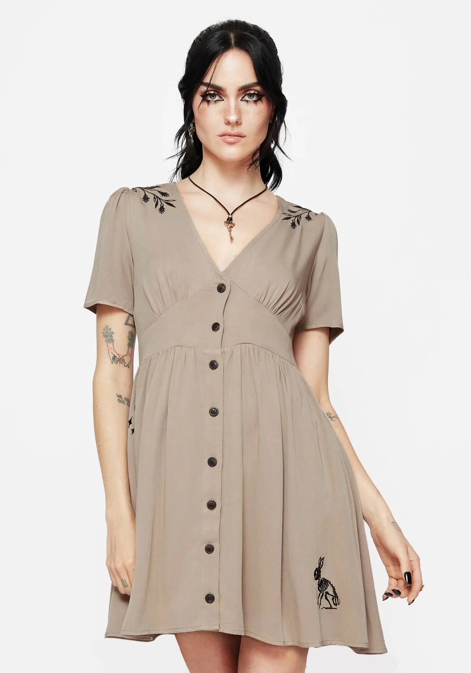 Hester Embroidered Button Up Mini Dress Cozy Base Chic and Elegant
