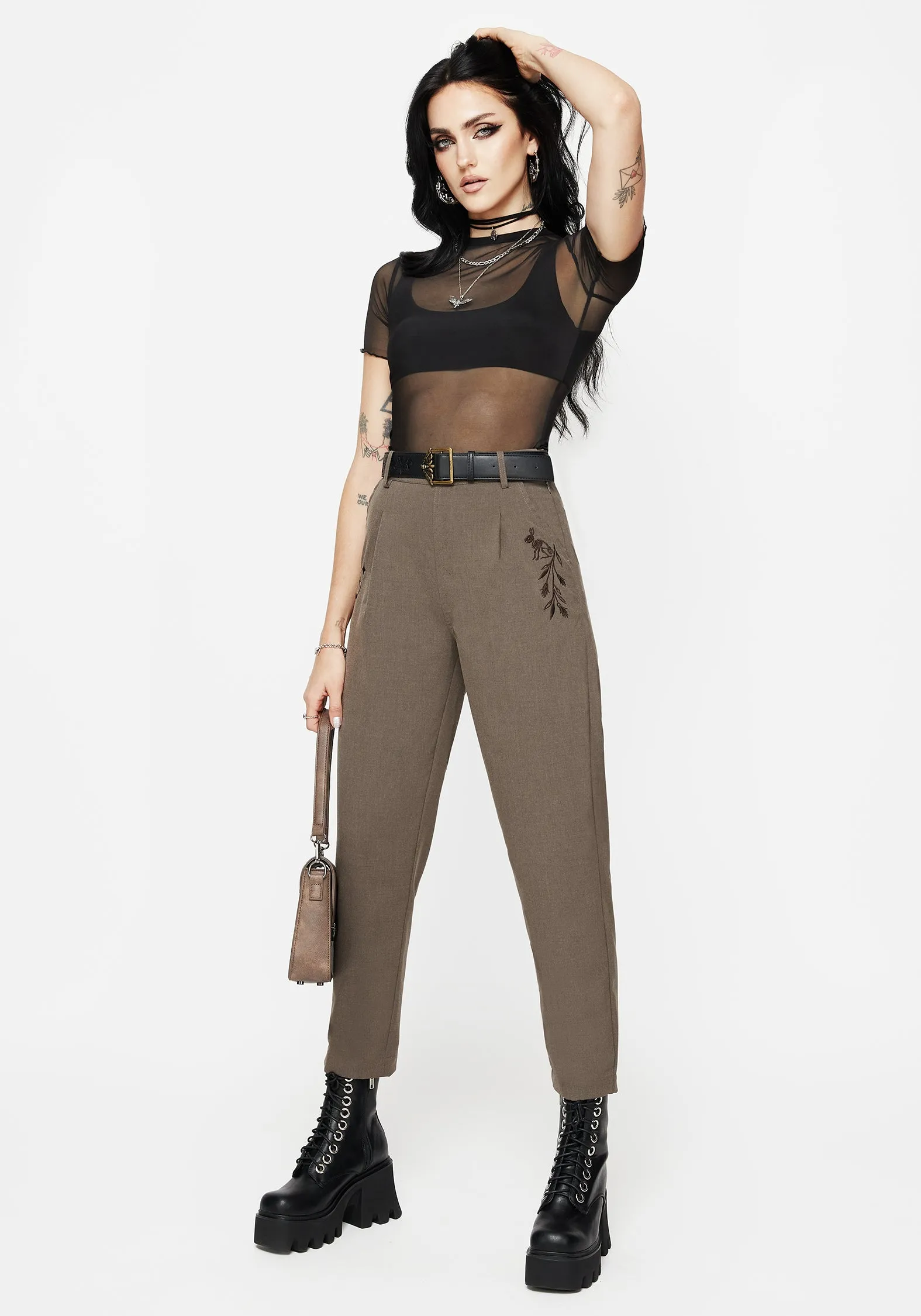 Hester Embroidered Tapered Trousers - Brown Fashion Style Formal Event