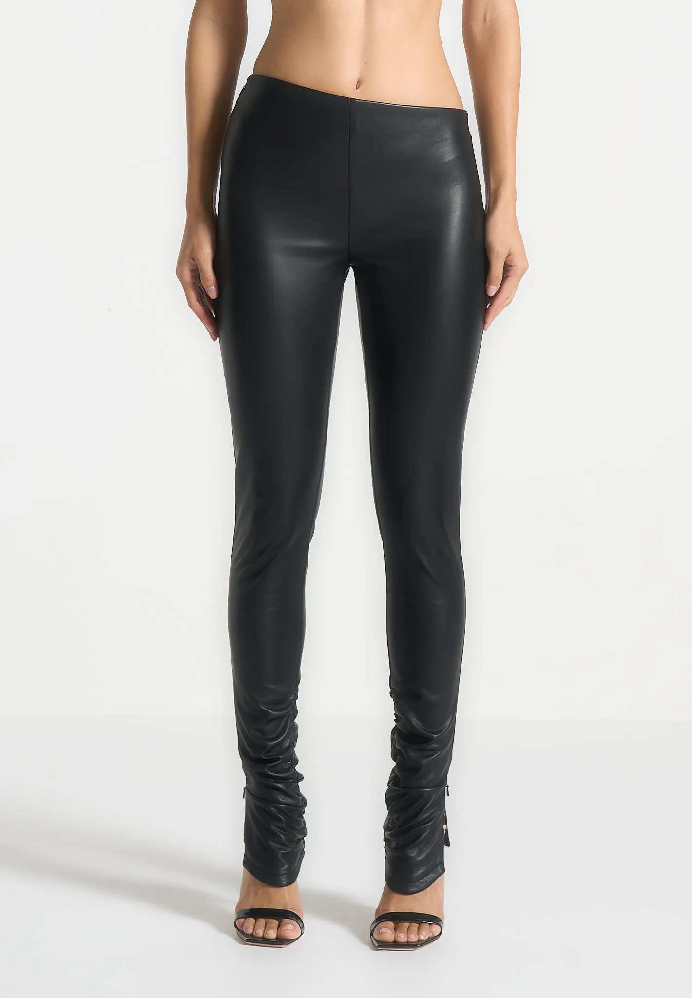 Clara - Leather Angled Waistband Leggings - Black Easy Wear Performance Fit